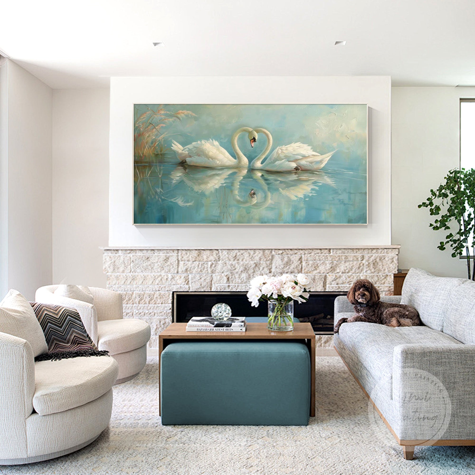 Beautiful swan pair art, capturing the serene beauty of a blue lake landscape.