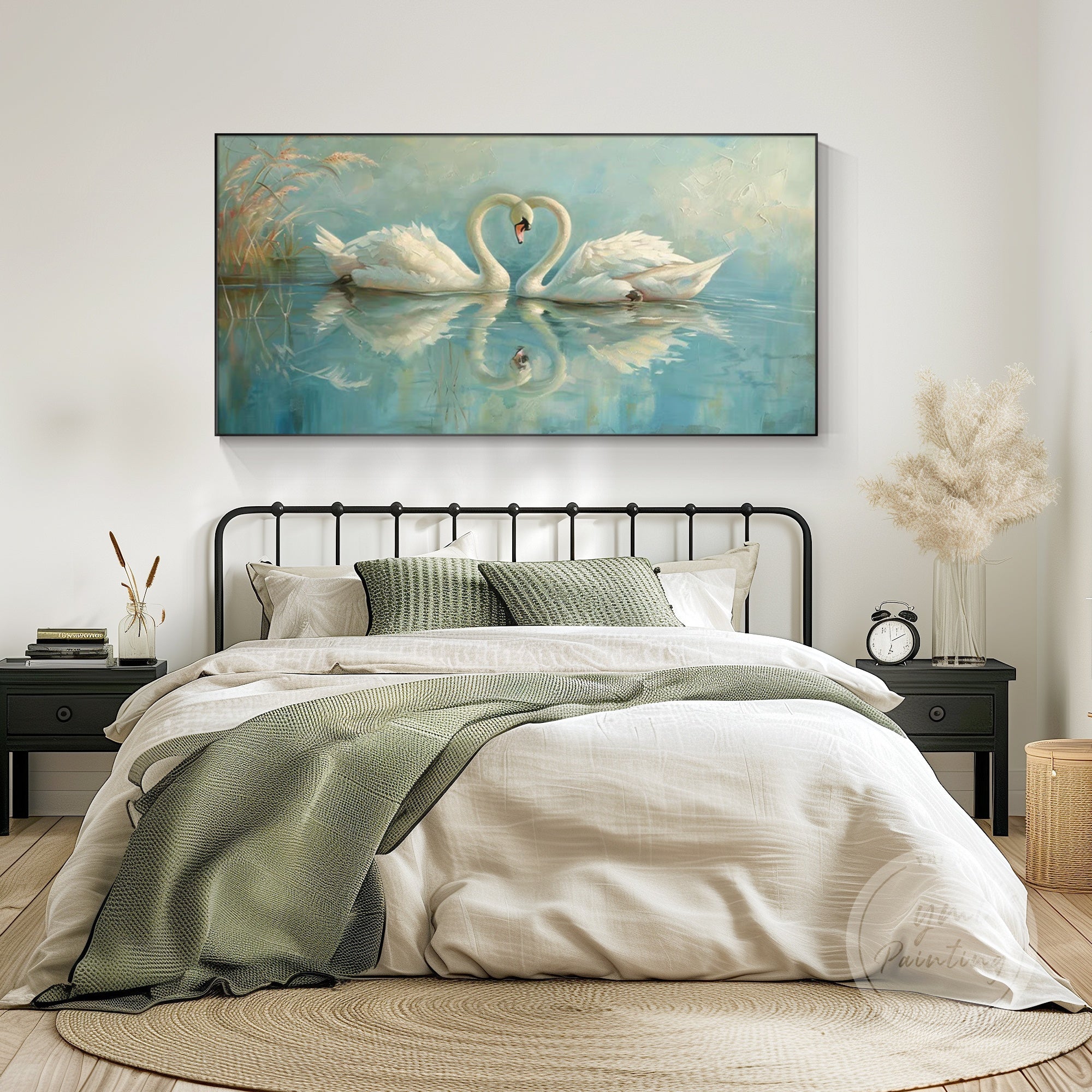 Elegant pair of swans painted on a calm blue lake, creating a serene and romantic ambiance.