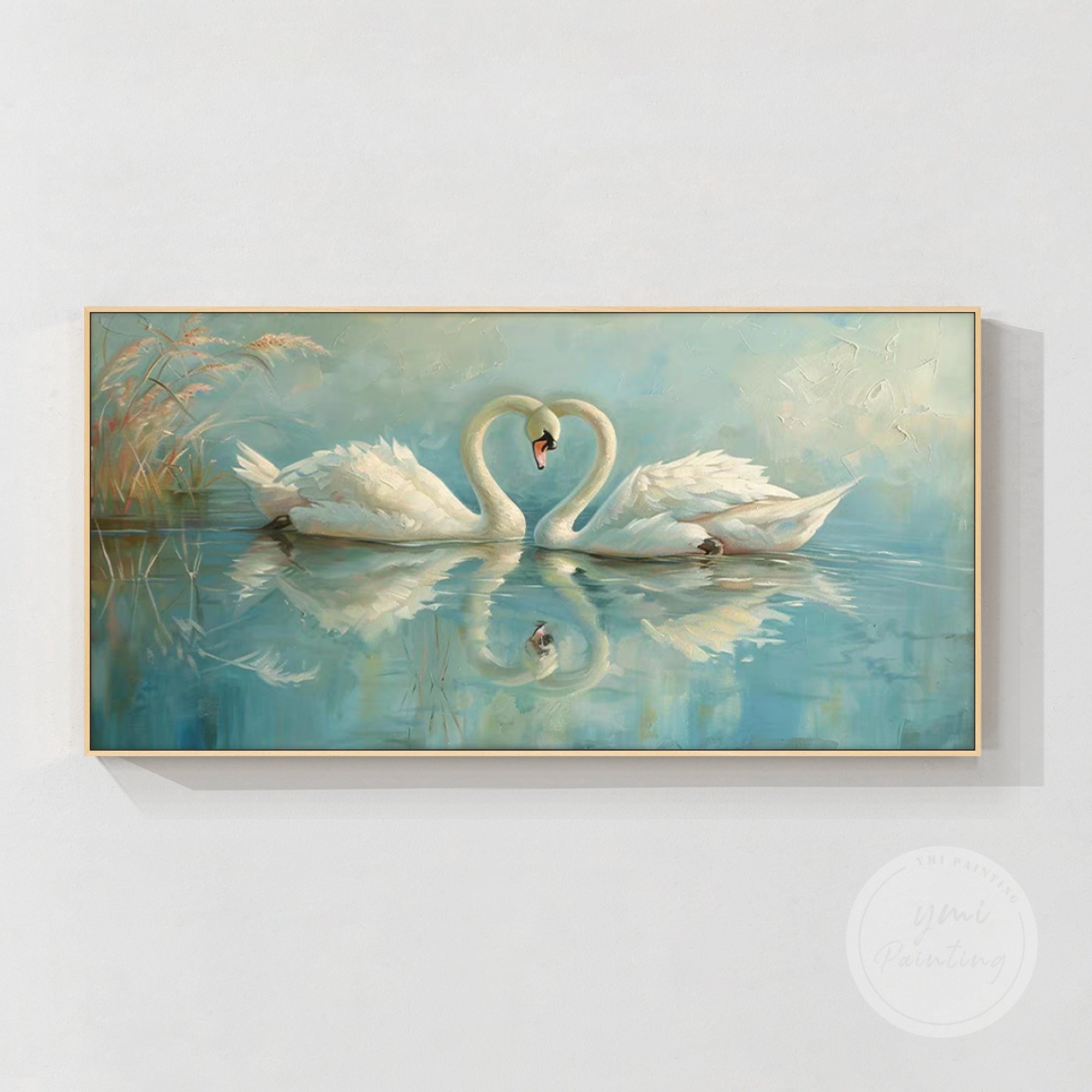 Romantic and peaceful swan pair wall art, with calming blue tones for a relaxing atmosphere.