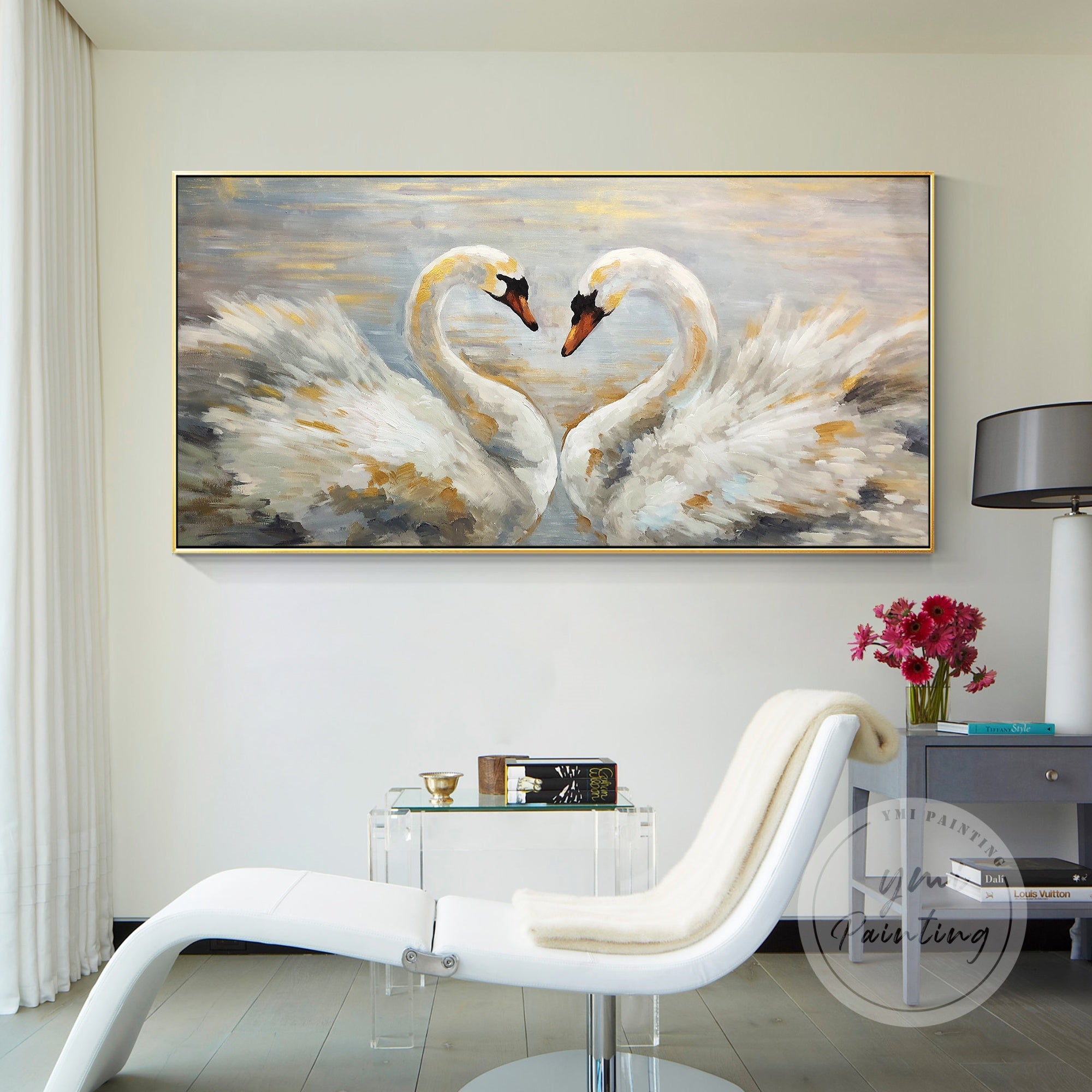 Romantic Swan Pair Painting on canvas, symbolizing love and unity.