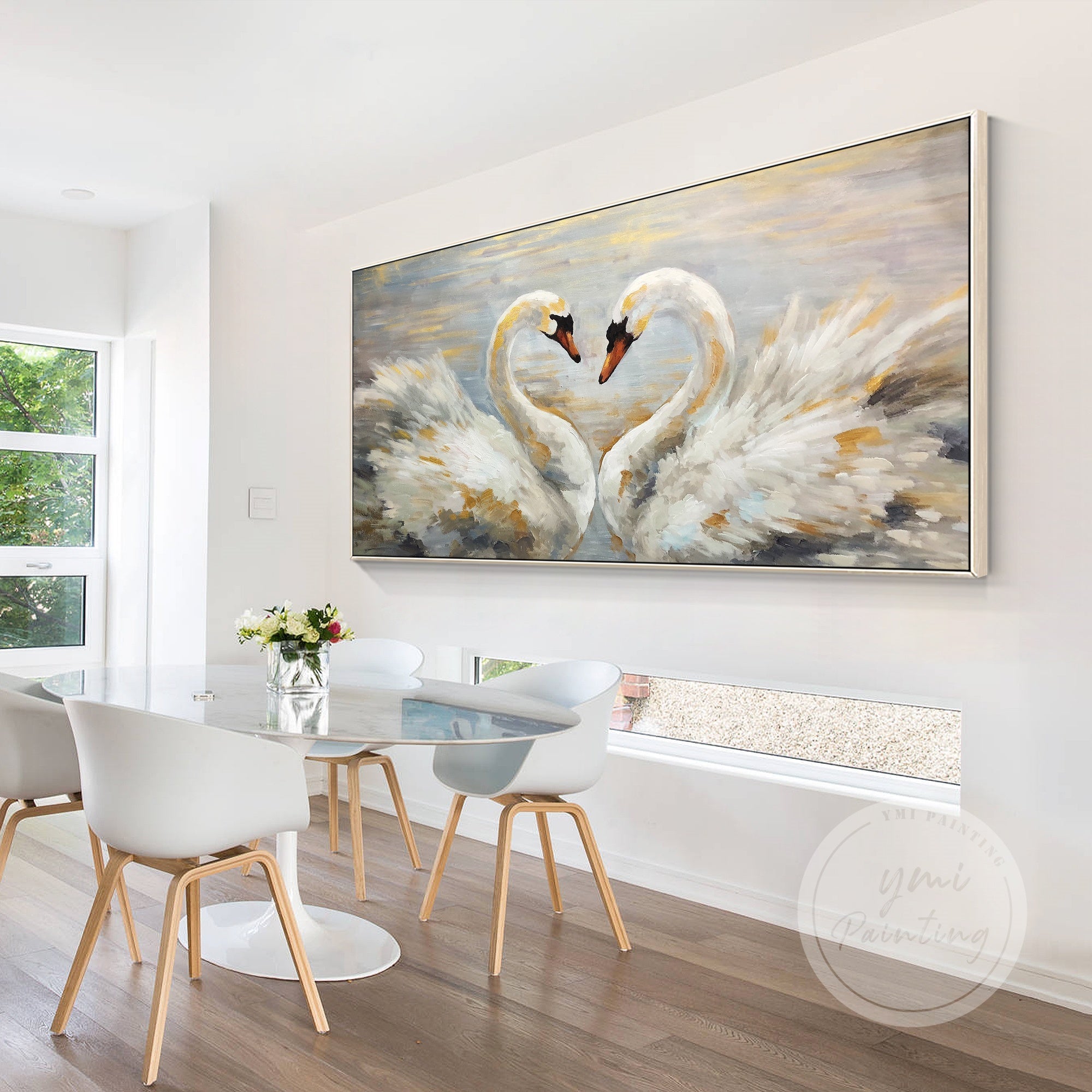 Elegant Bird Canvas Art with swan pair in love.