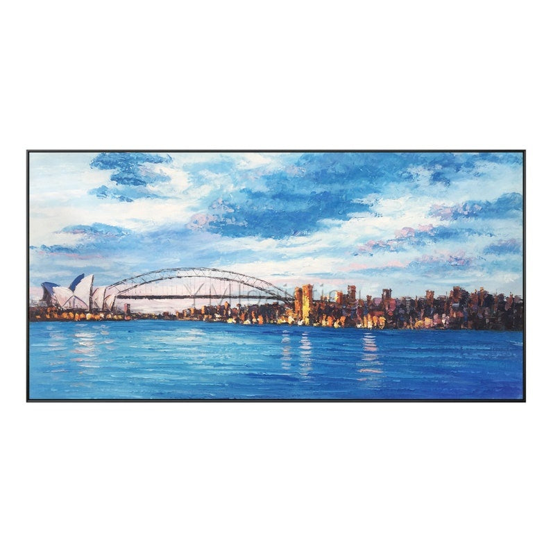 Large abstract Sydney cityscape painting, vibrant oil on canvas with dynamic palette knife strokes.