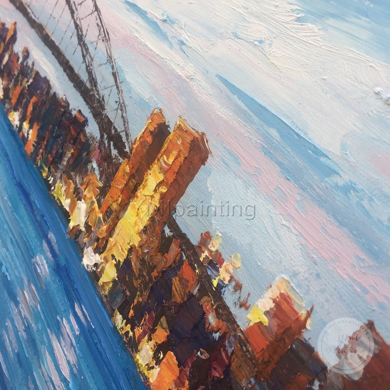 Sydney skyline oil painting, large canvas with textured palette knife technique capturing the city’s essence.