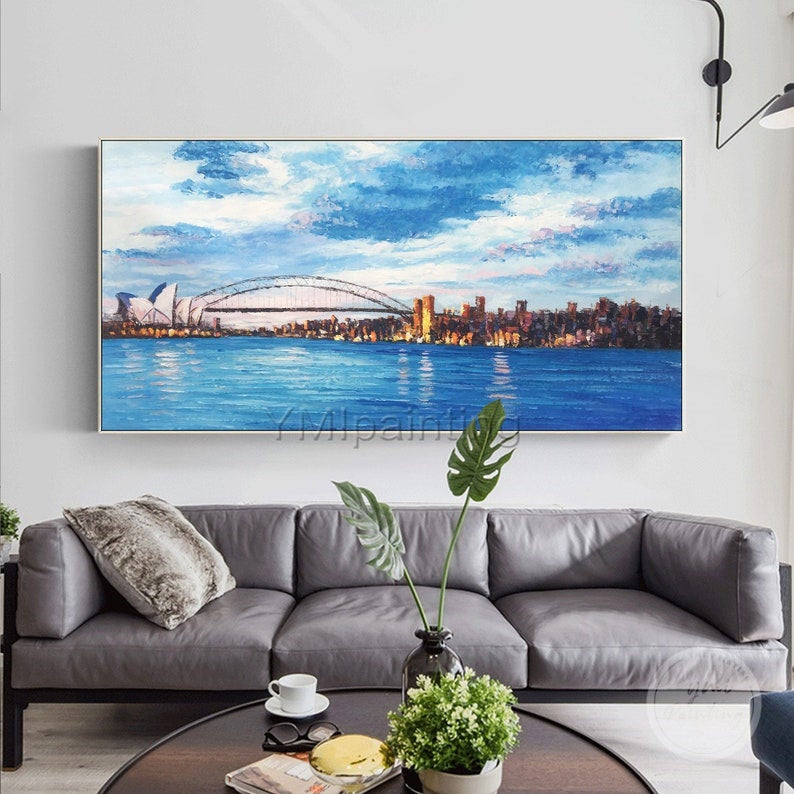 Hand-painted Sydney cityscape, abstract palette knife texture with dynamic strokes on large canvas.