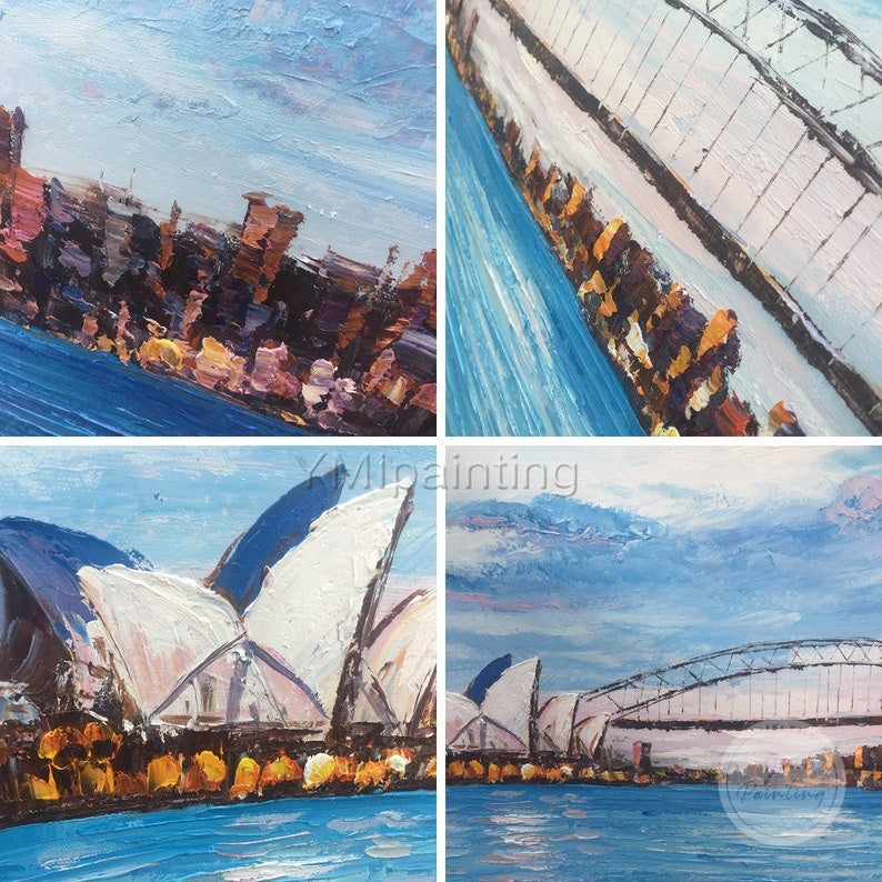 Sydney skyline painting with bold palette knife texture, large canvas art capturing the vibrancy of the city.