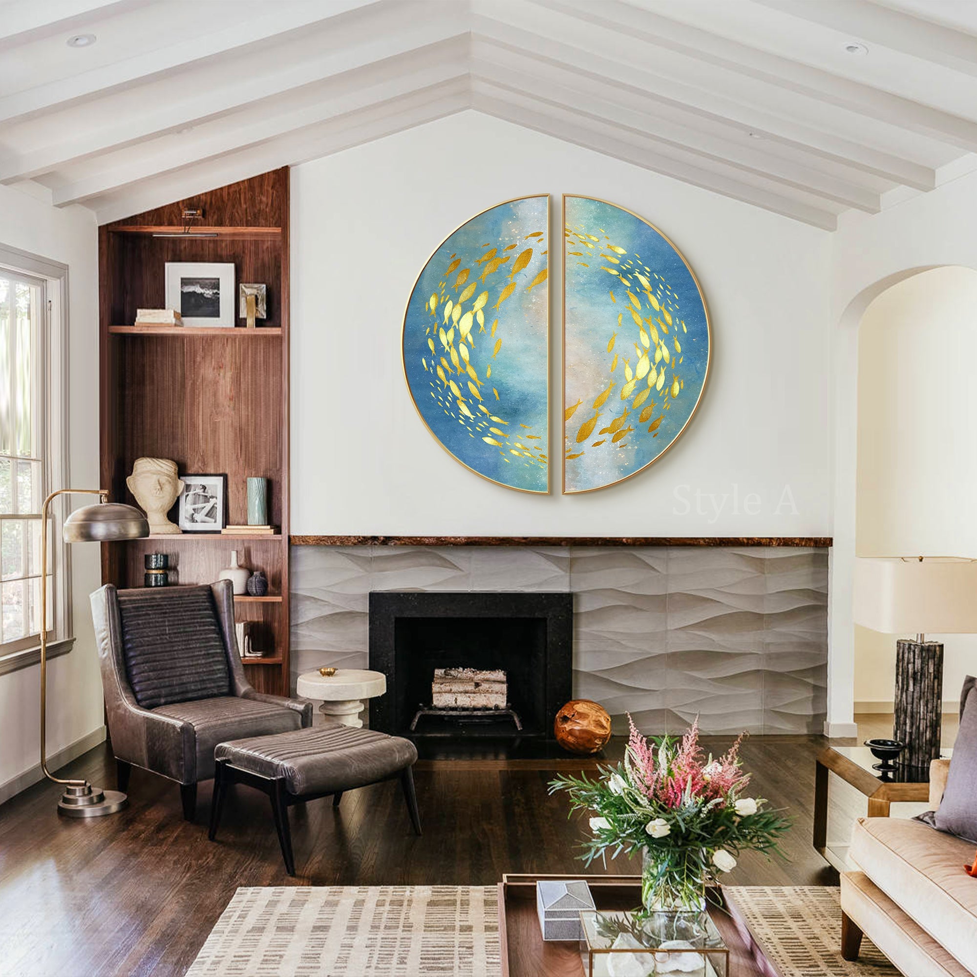 Circular wall art set of 2 formed by symmetrical semicircles