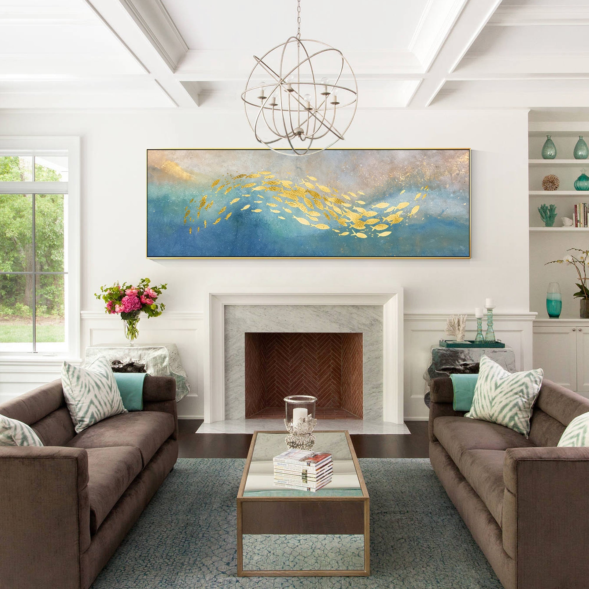 Vertical abstract gold fish painting with balanced fish spacing and subtle shimmer.