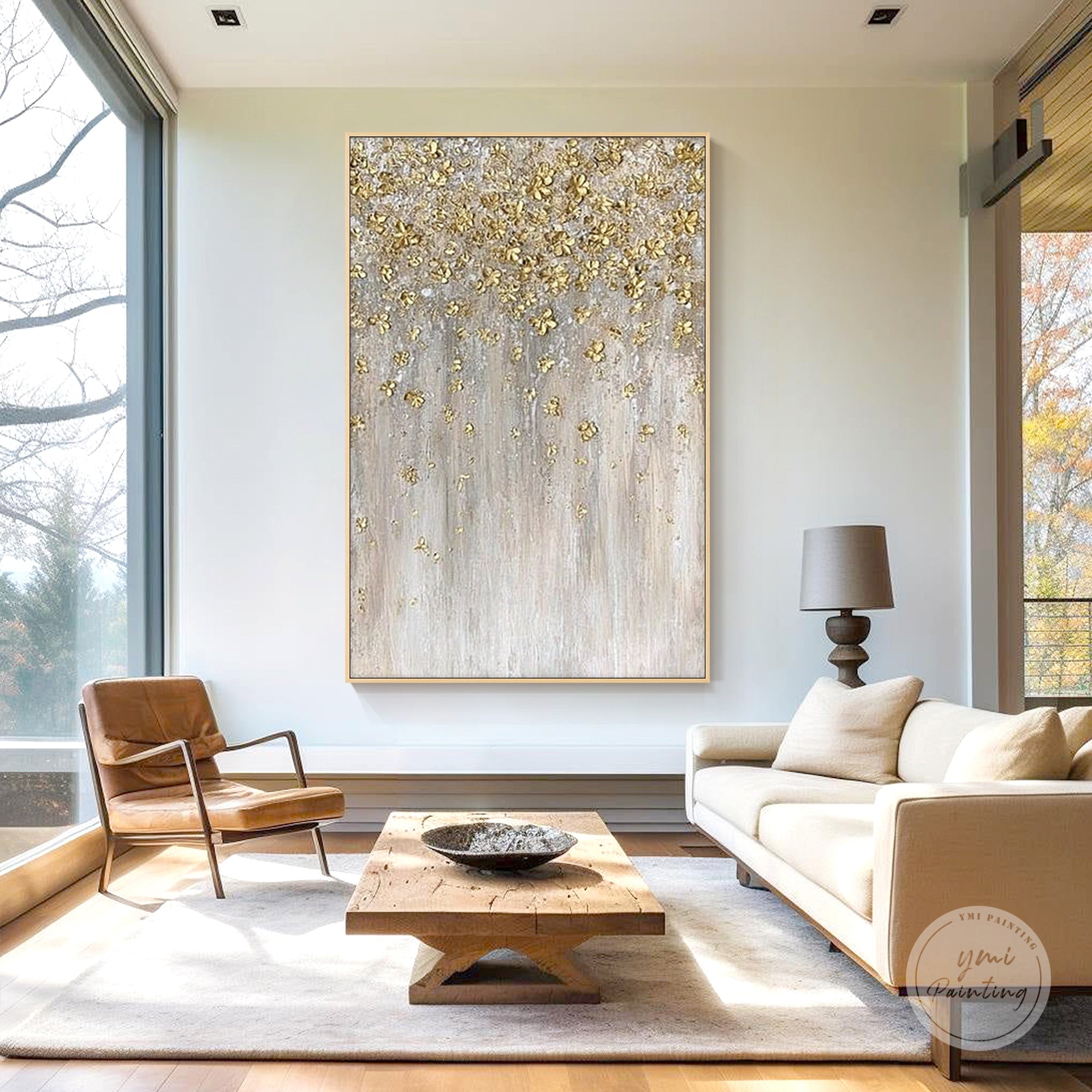 Tall vertical abstract gold wall art with soft neutral tones