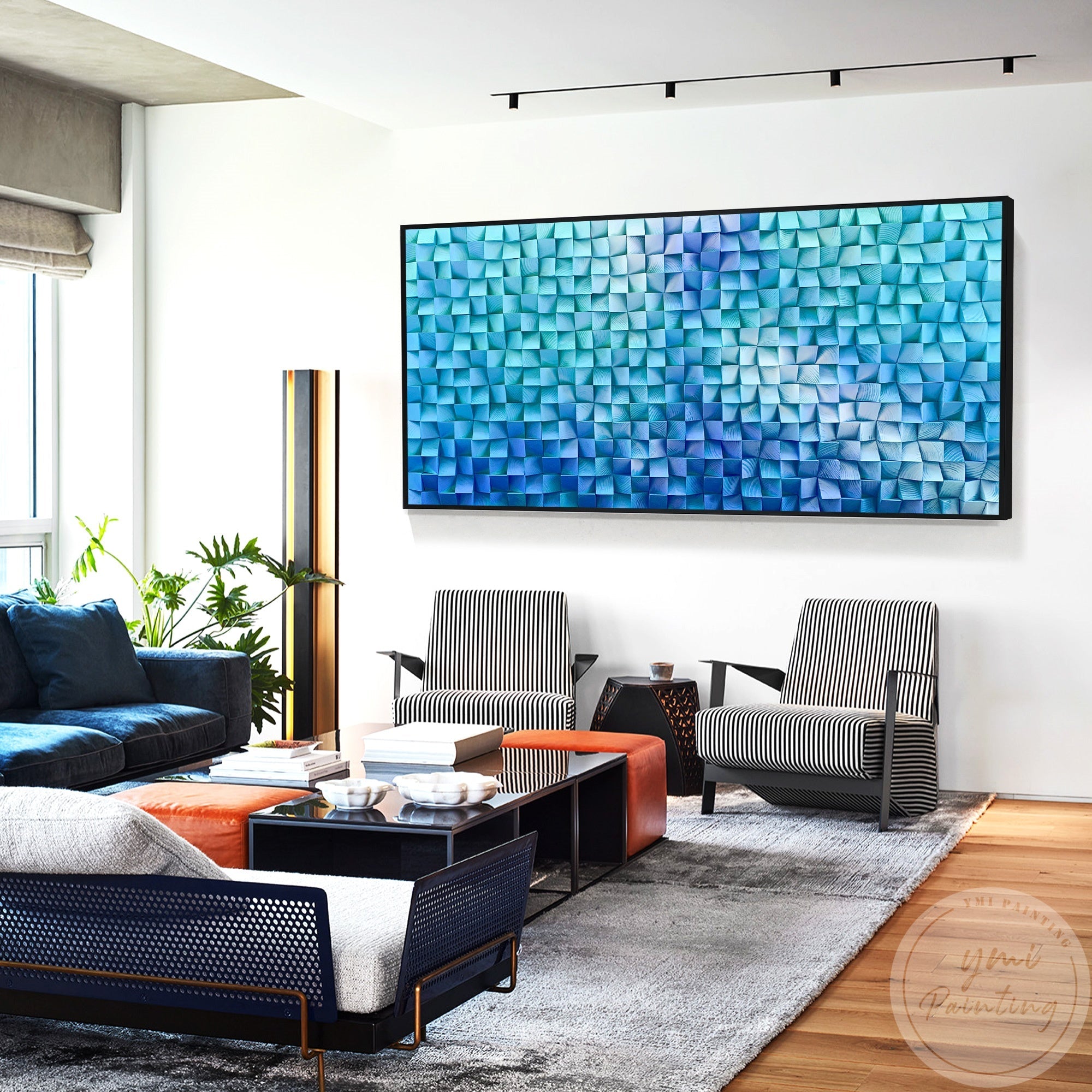 Featuring a gradient of blue and teal squares, this geometric art piece adds visual depth and sophistication, perfect for contemporary offices or living rooms.