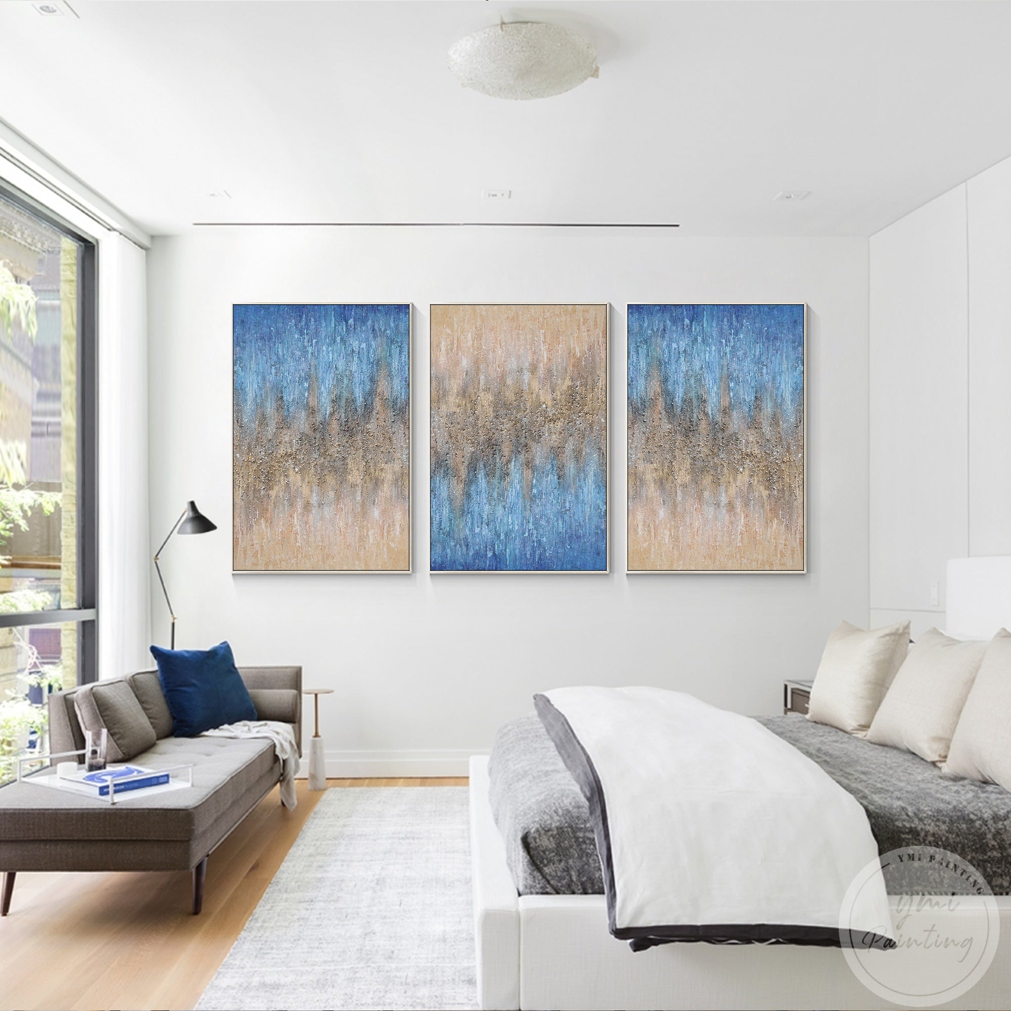 Symmetrical 3-piece wall art in blue and beige with layered texture