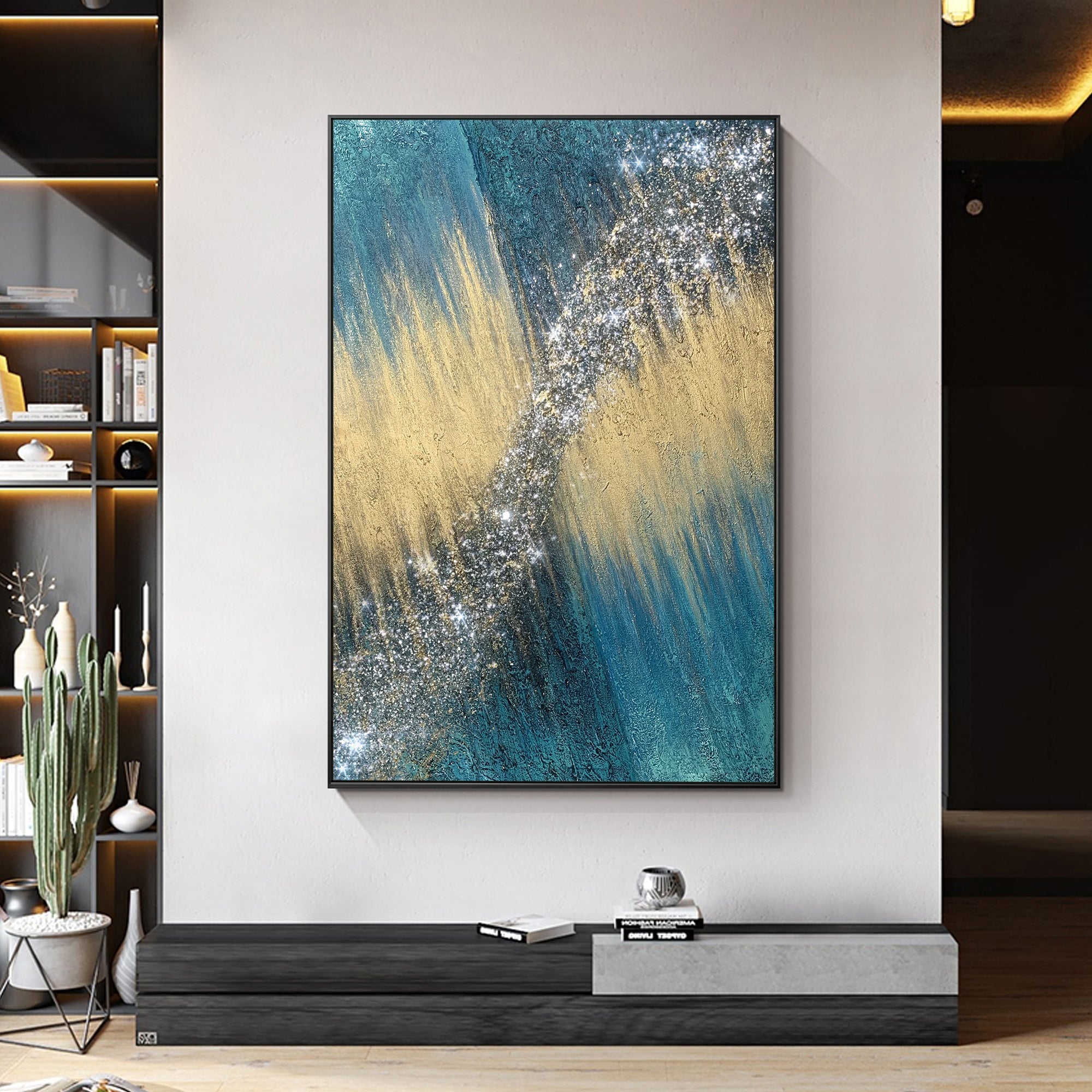 Abstract wall art in peacock teal with gold center section