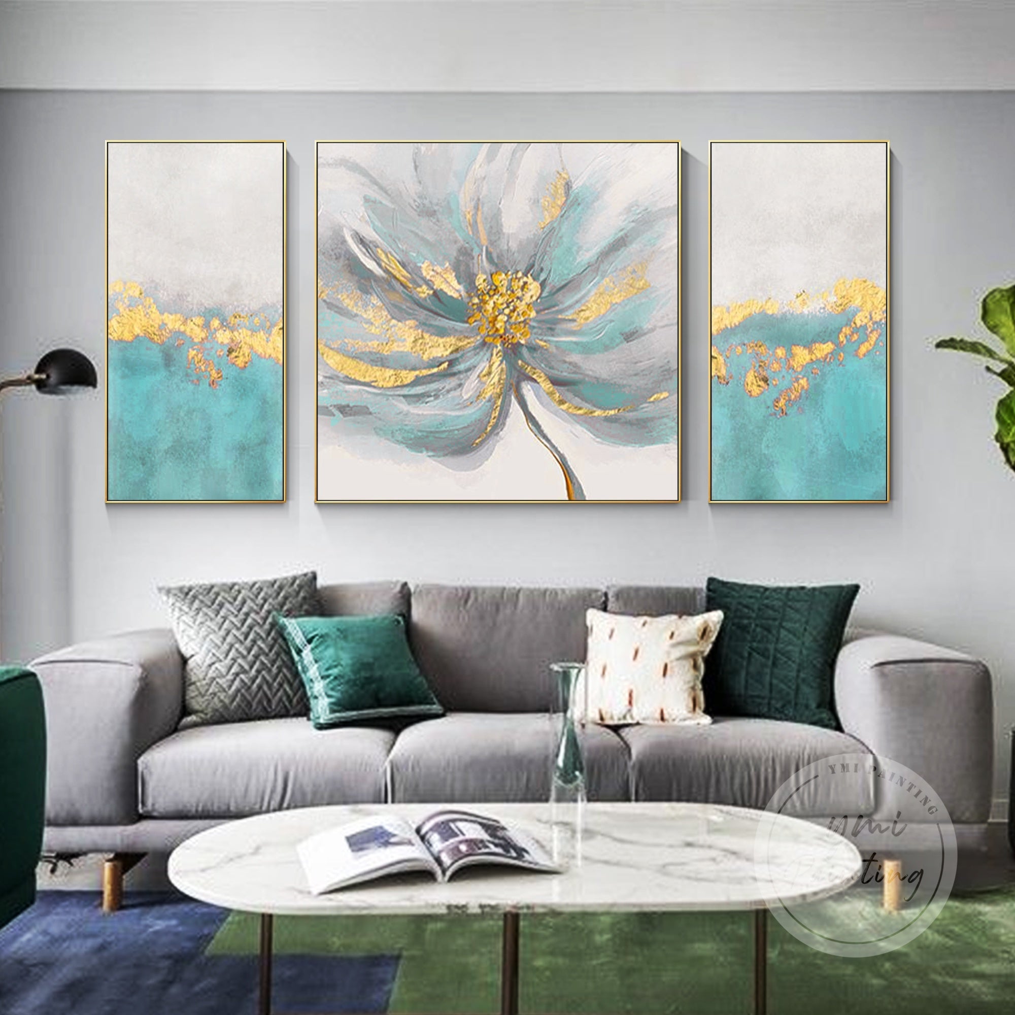 Elevate your decor with this 3-piece wall art featuring abstract flowers in teal, gray, and gold, ideal for elegant contemporary spaces.