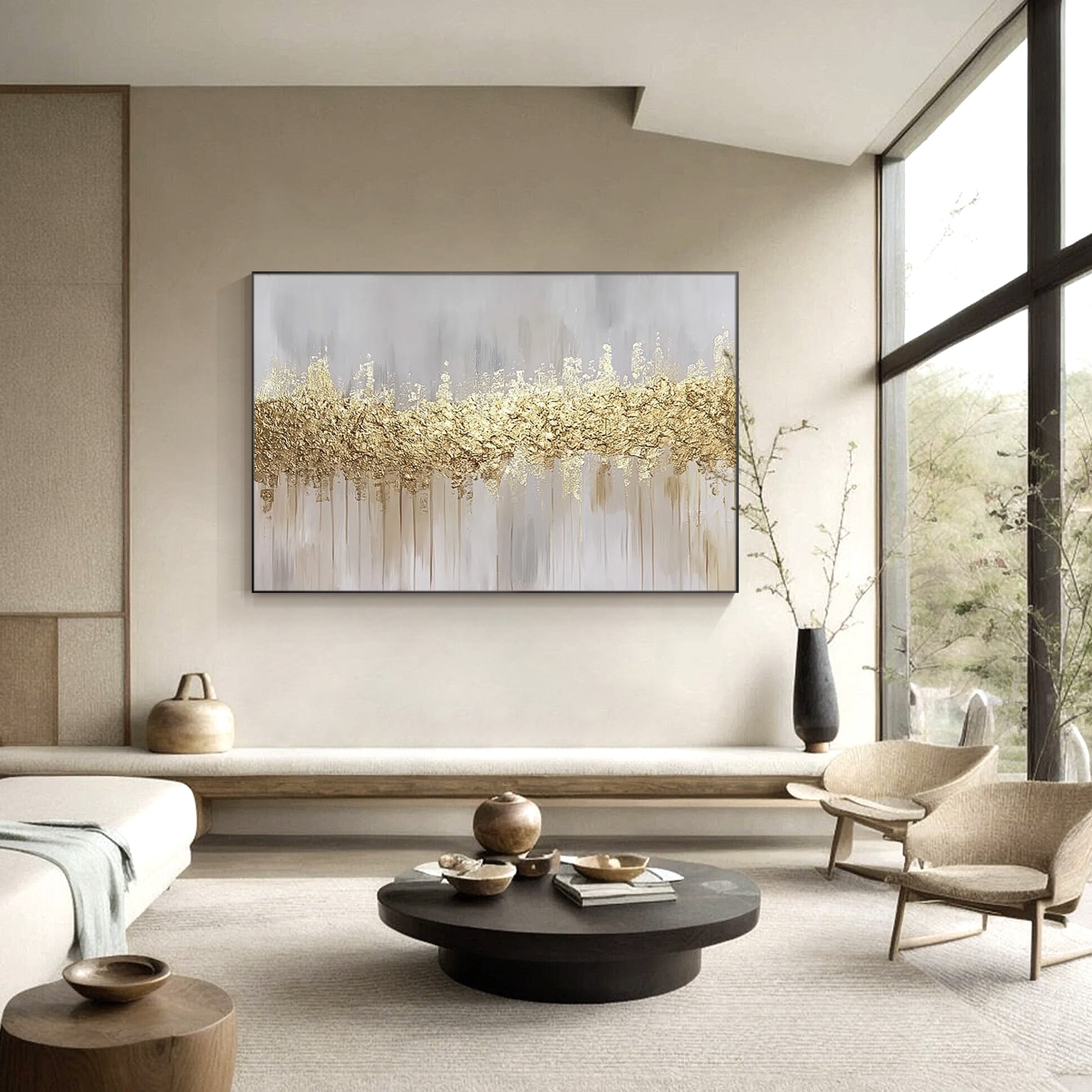 Textured abstract gold canvas with layered gold surface displayed in a spacious living room.
