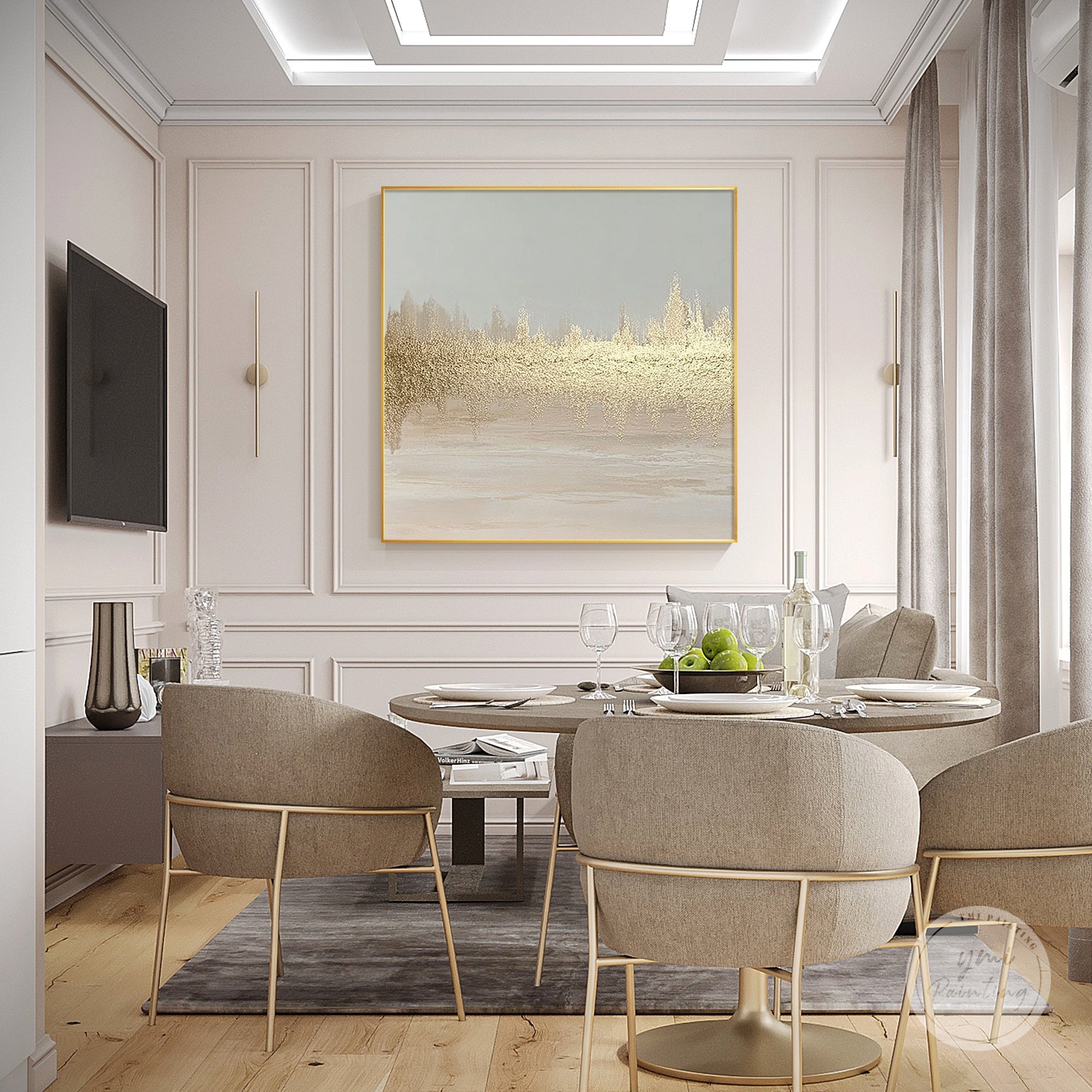 Abstract gold textured canvas art with soft neutral tones displayed on a dining room wall.