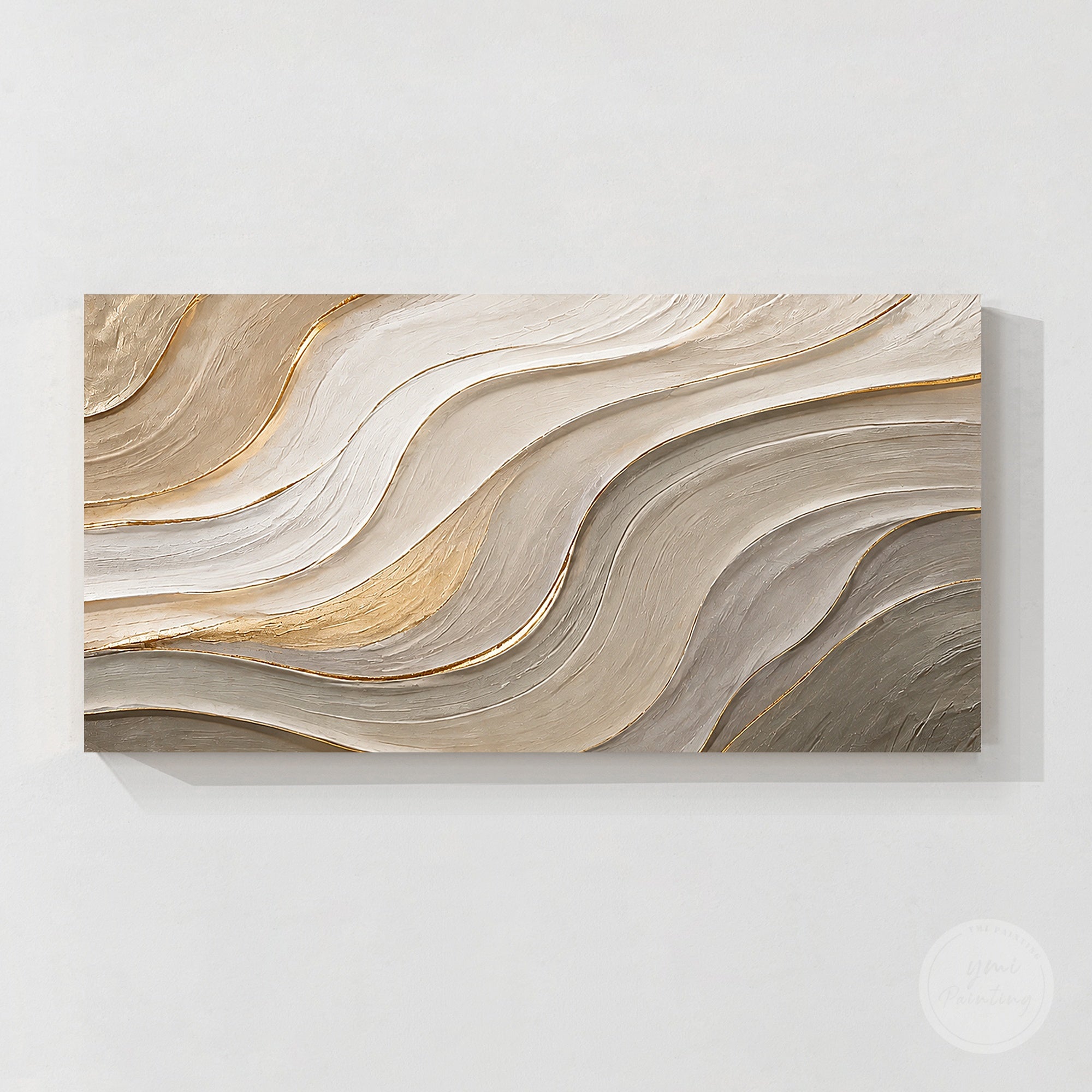 Neutral beige gold textured abstract wall art with flowing lines for modern home decor