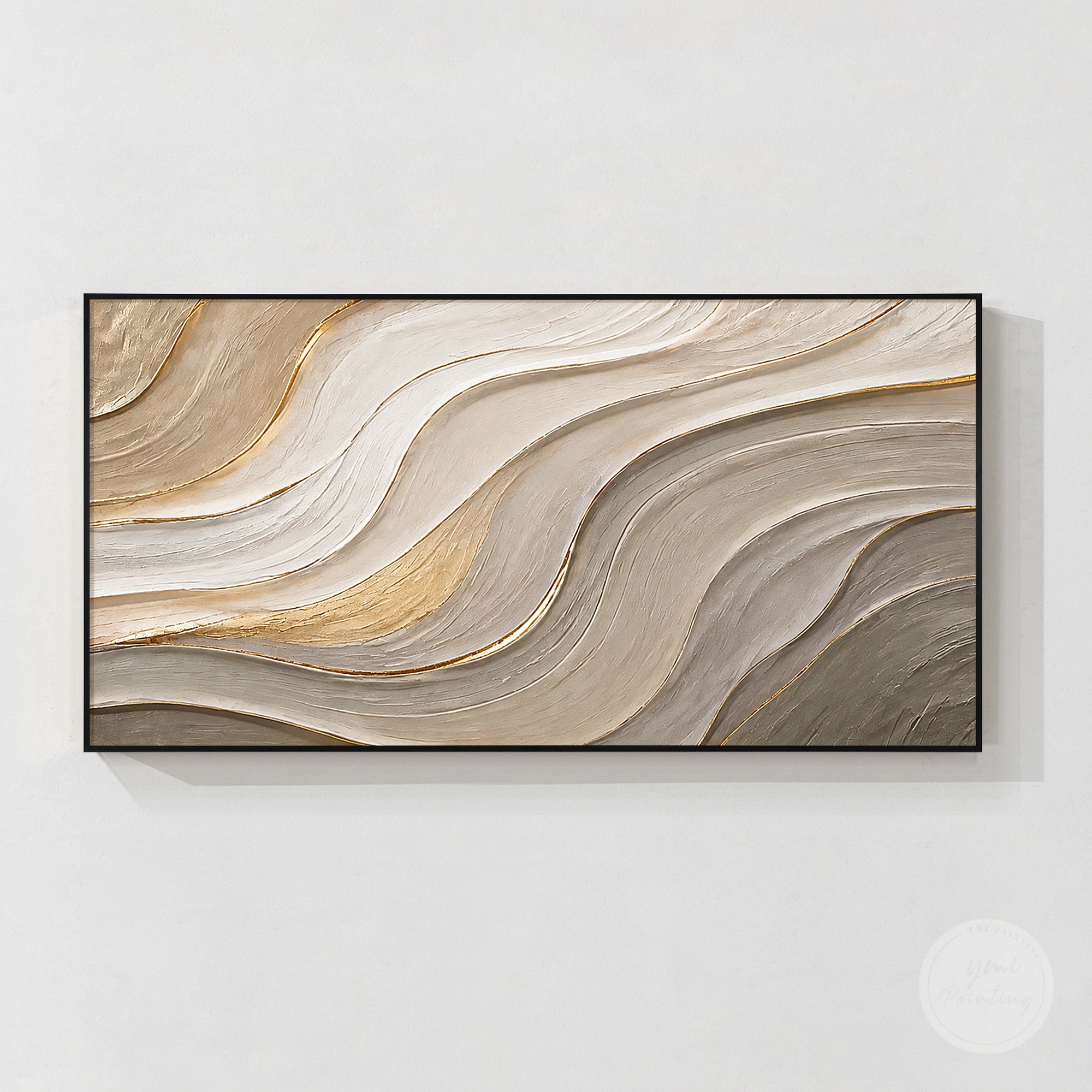 Modern neutral abstract canvas art featuring flowing beige taupe white and gold lines