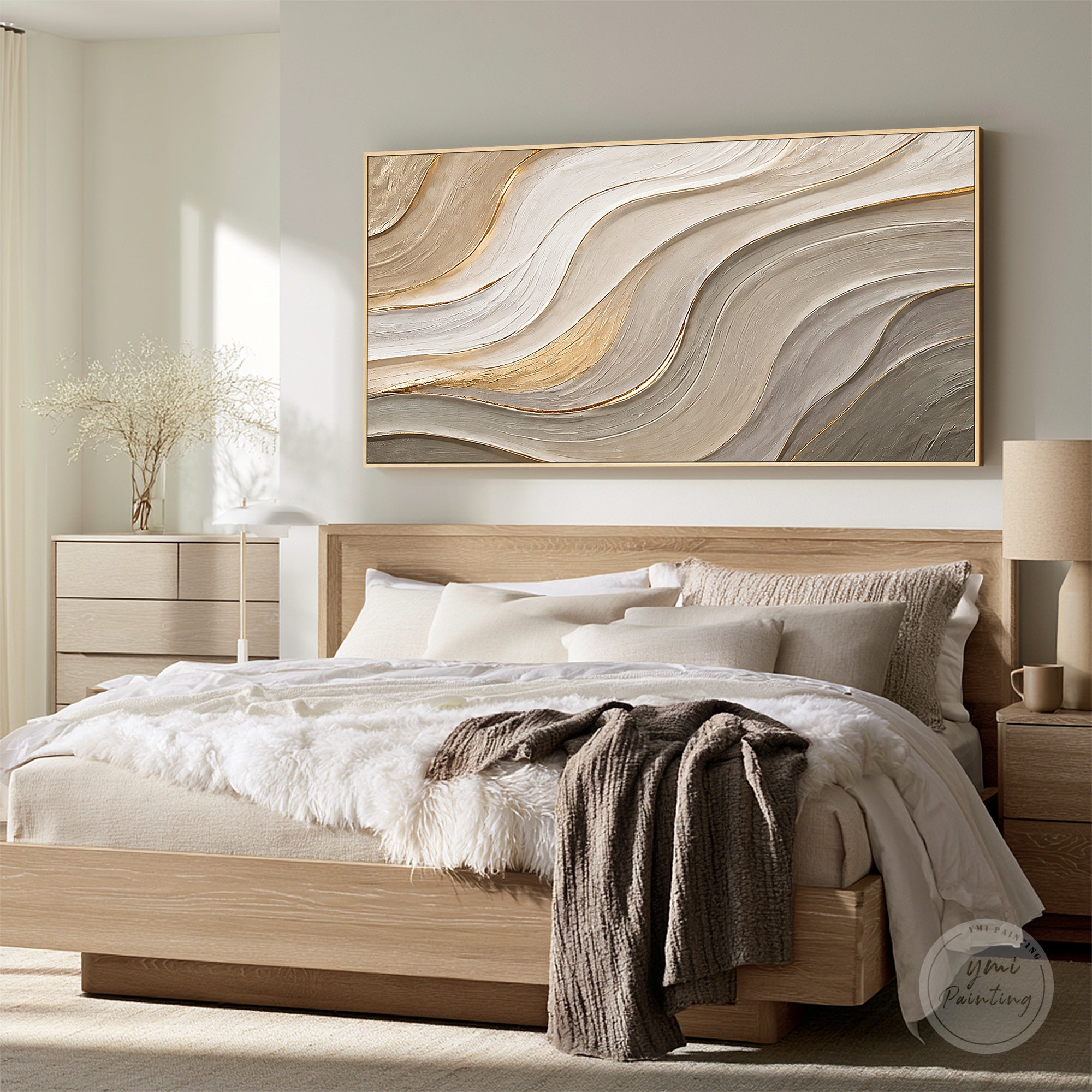 Neutral textured wall art in beige cream taupe and metallic gold for contemporary interiors