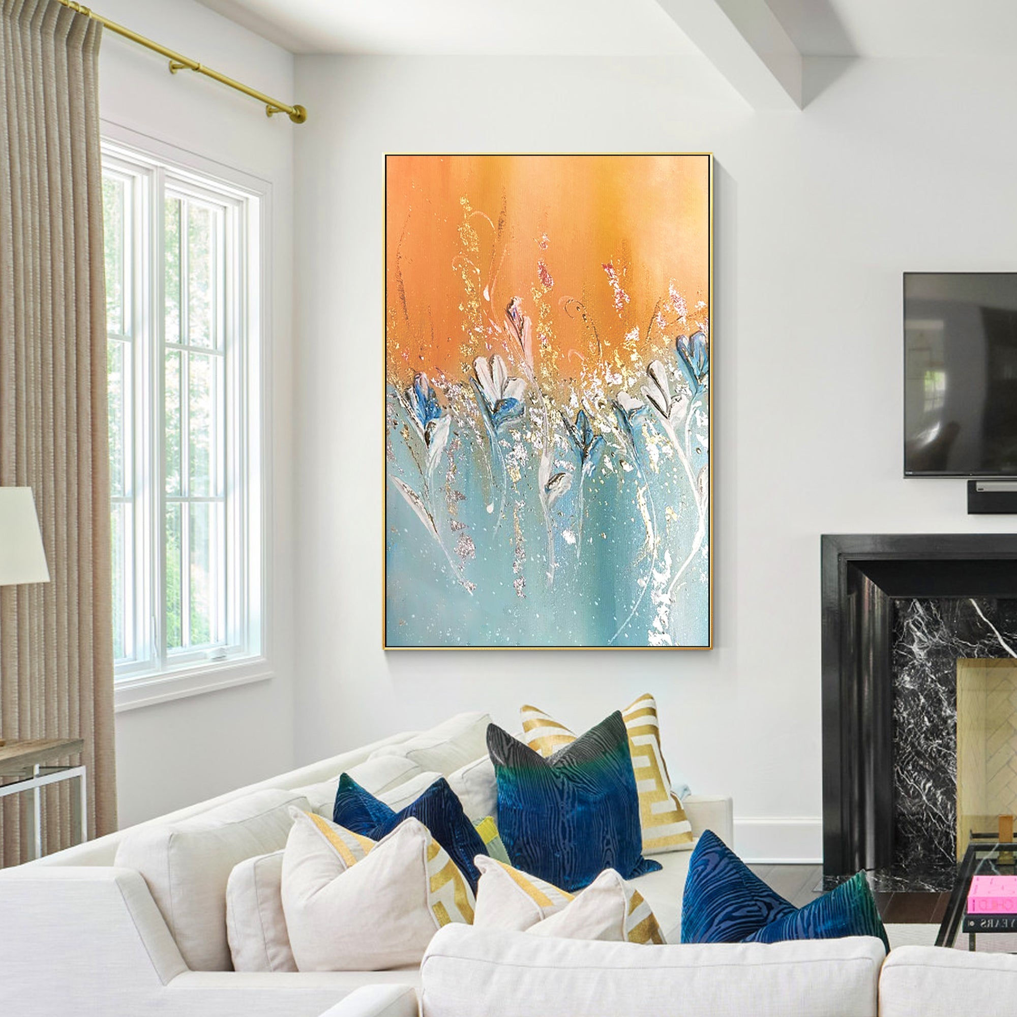 Textured Blue Orange Abstract Flower Artwork