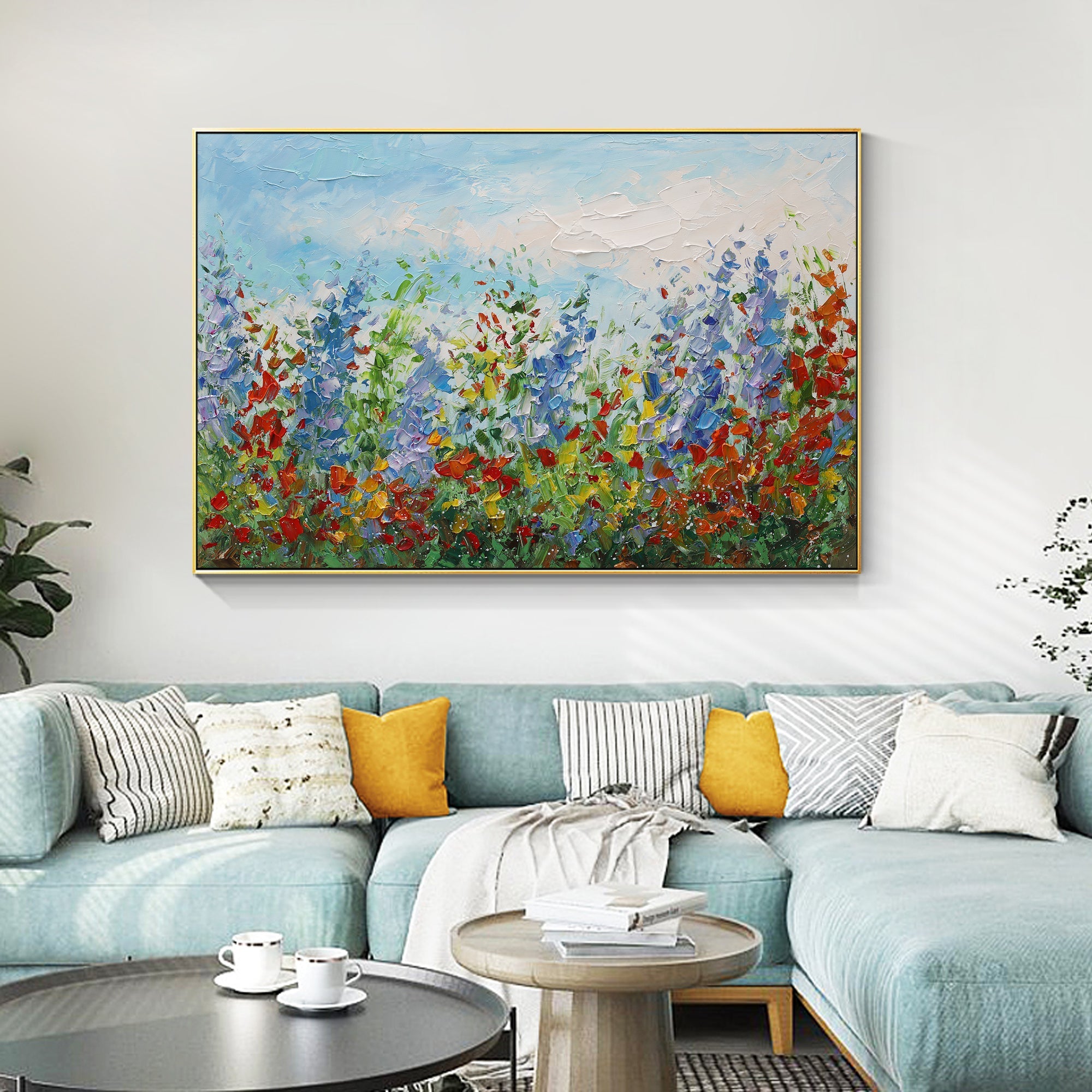 Textured abstract wild flower canvas in blue and red tones for living room decor