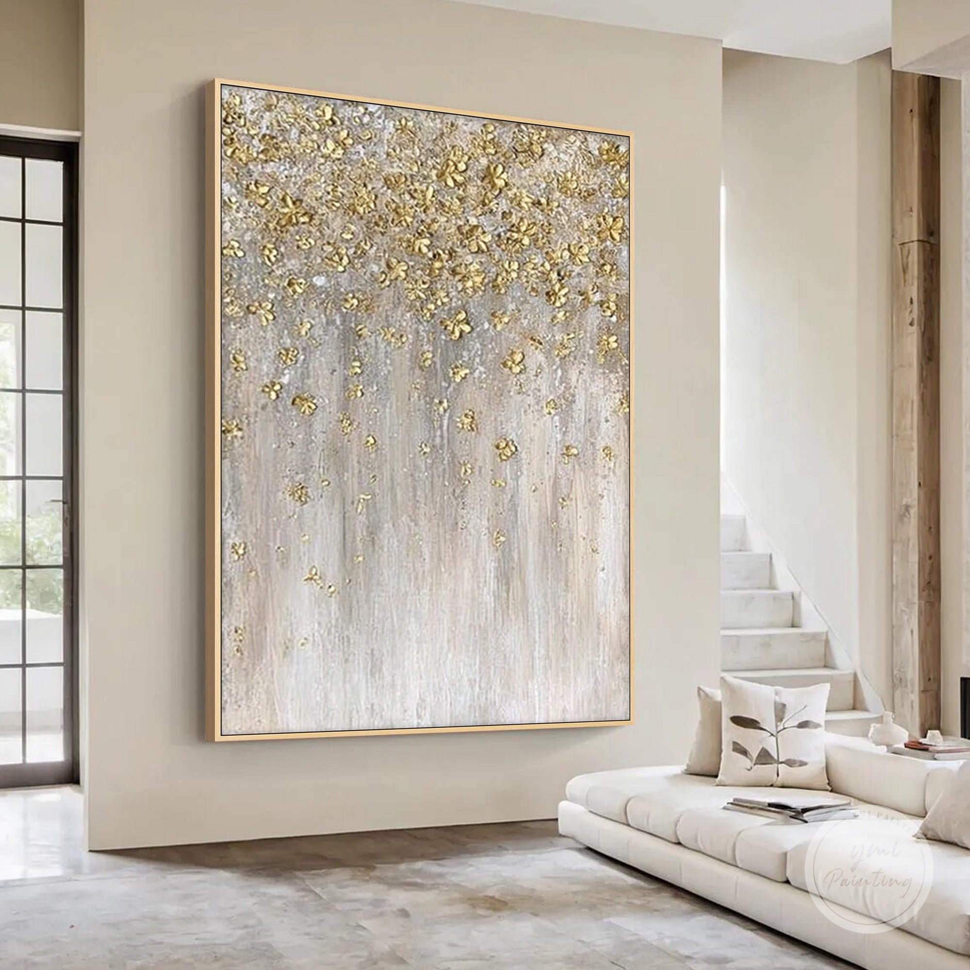 Fine textured surface with scattered gold elements on abstract wall art