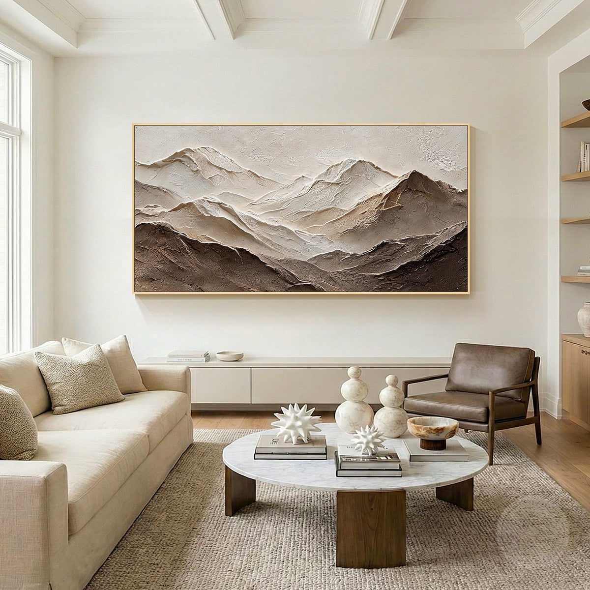Neutral abstract landscape artwork featuring layered mountain forms