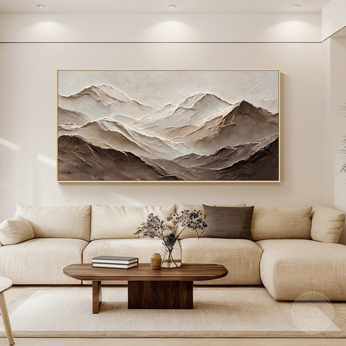 Abstract mountain landscape with layered peaks and earthy tones
