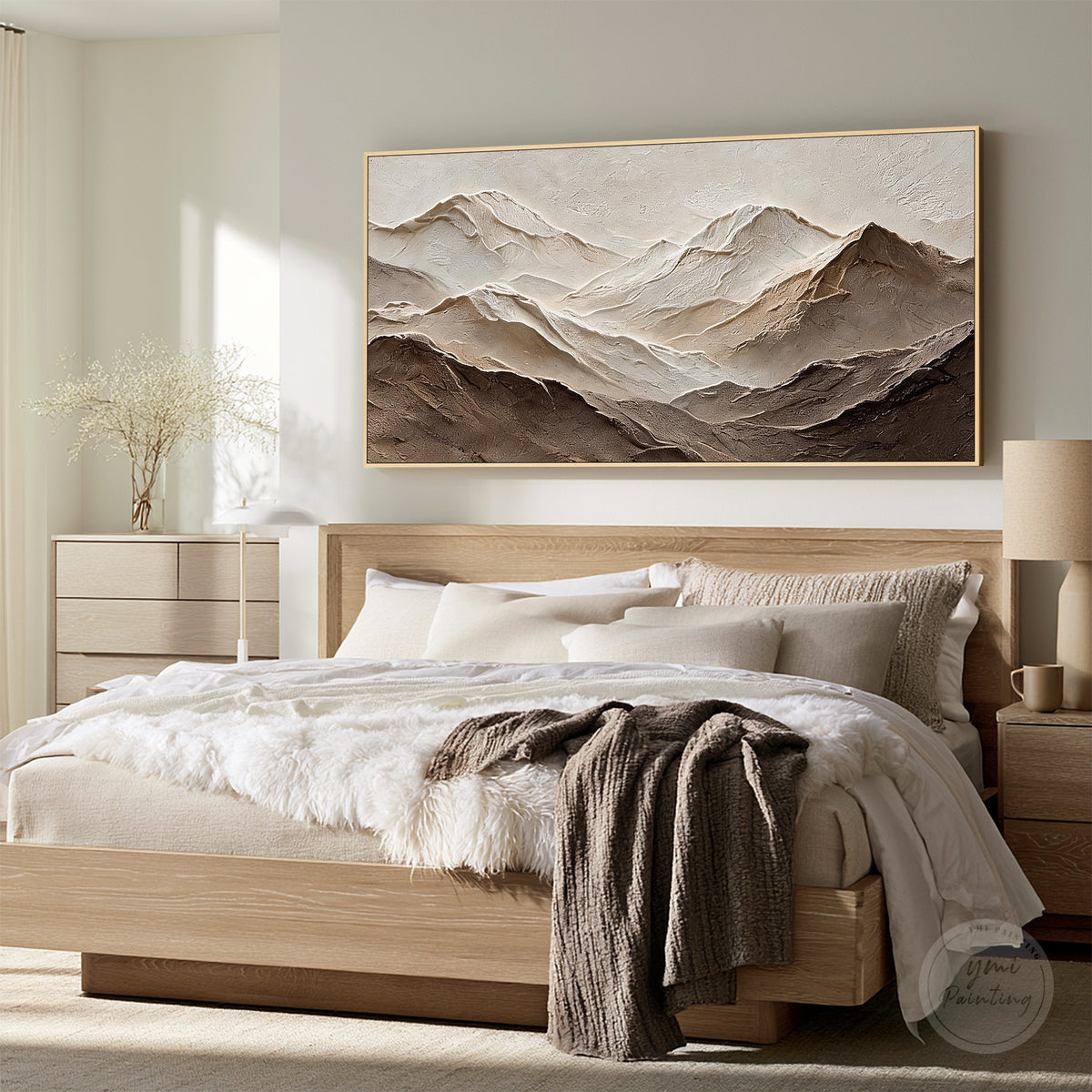 Minimalist textured landscape art with ivory beige taupe and brown peaks