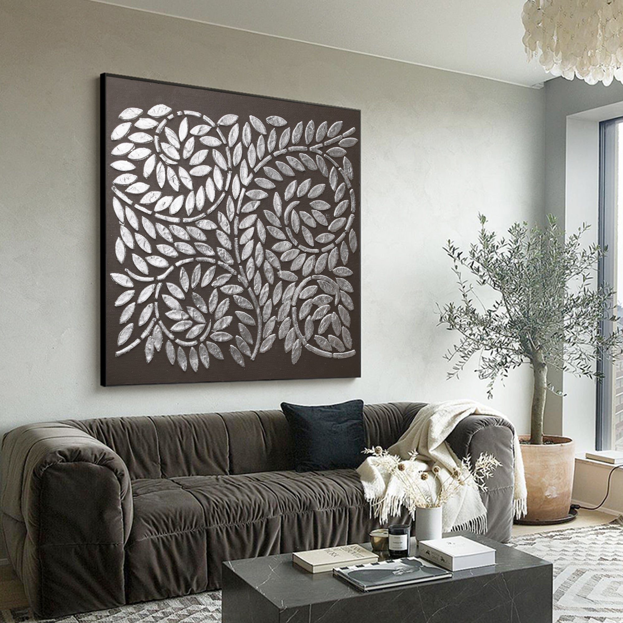 Textured tree of life painting decorating a contemporary living room interior