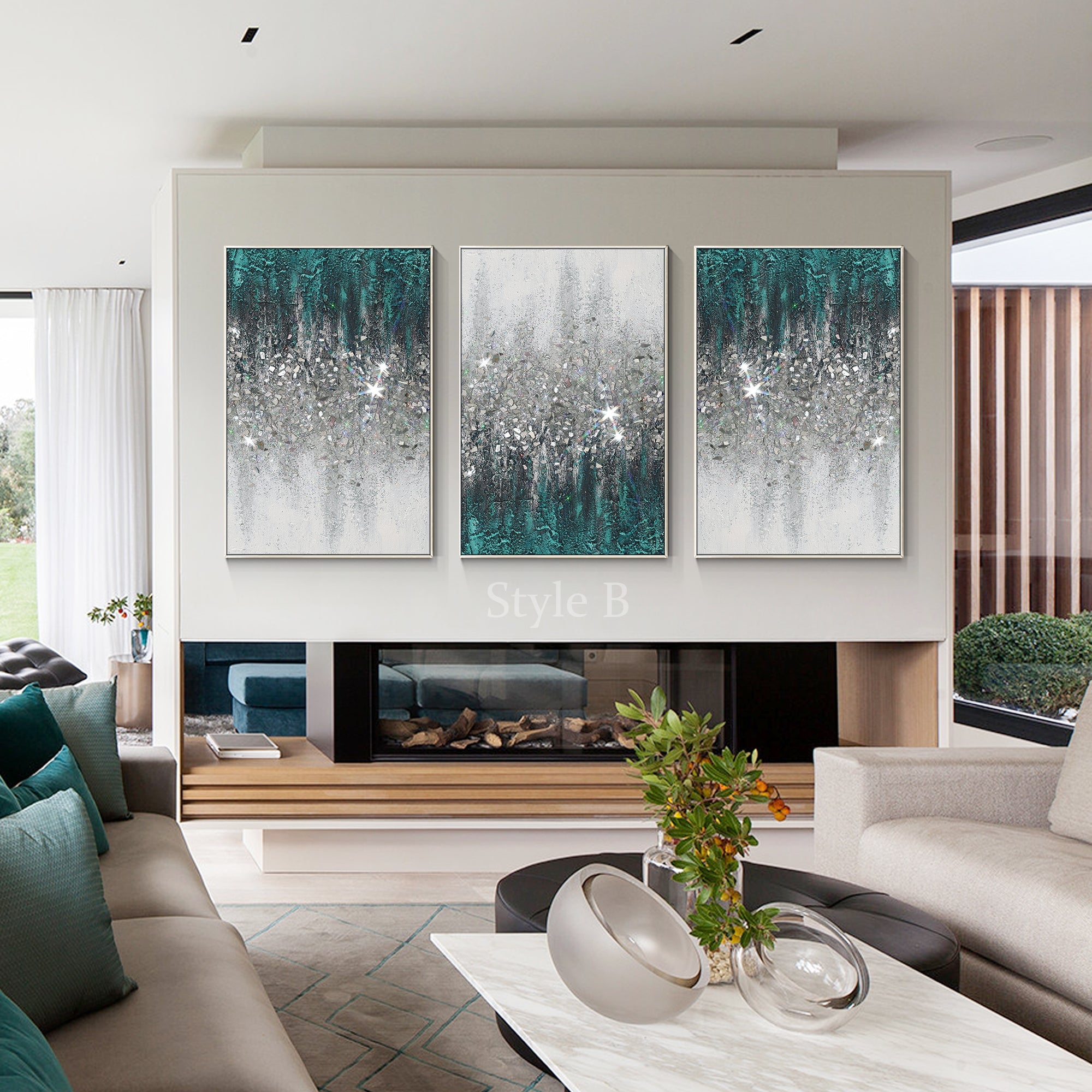 Abstract wall art in turquoise tones with visible texture and scattered glitter accents