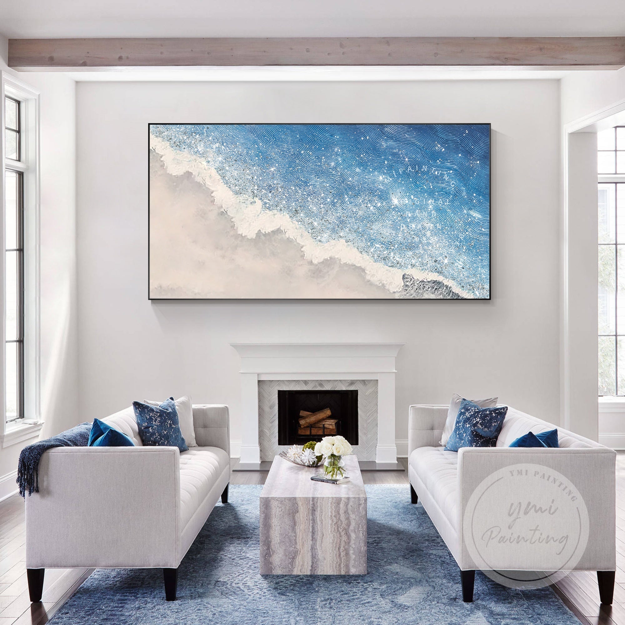Stunning coastal painting captures the movement of waves and sparkle of sunlight, enhancing modern living spaces.