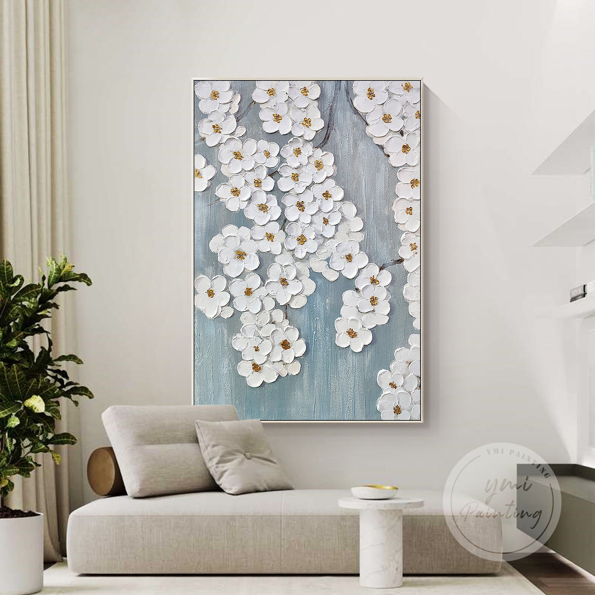 Textured and hand-painted flower blossoms with gold accents bring a sophisticated floral touch to any modern or contemporary space.