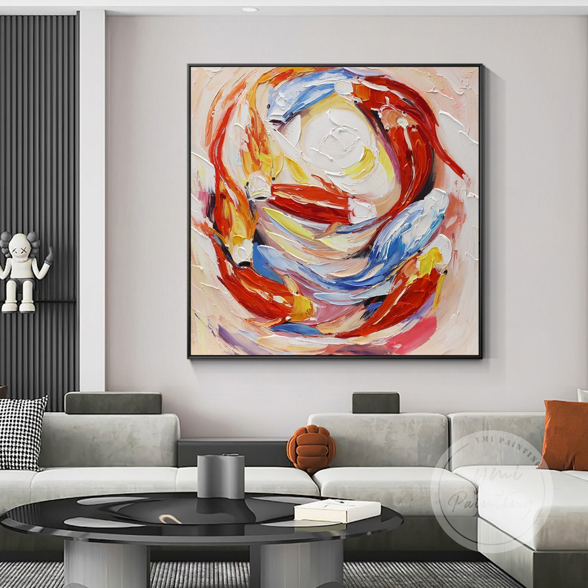 Fish Canvas Painting showcasing 9 symbolic koi fish in vibrant hues, enhancing your interior with its dynamic energy and embodying growth, renewal, and abundance.