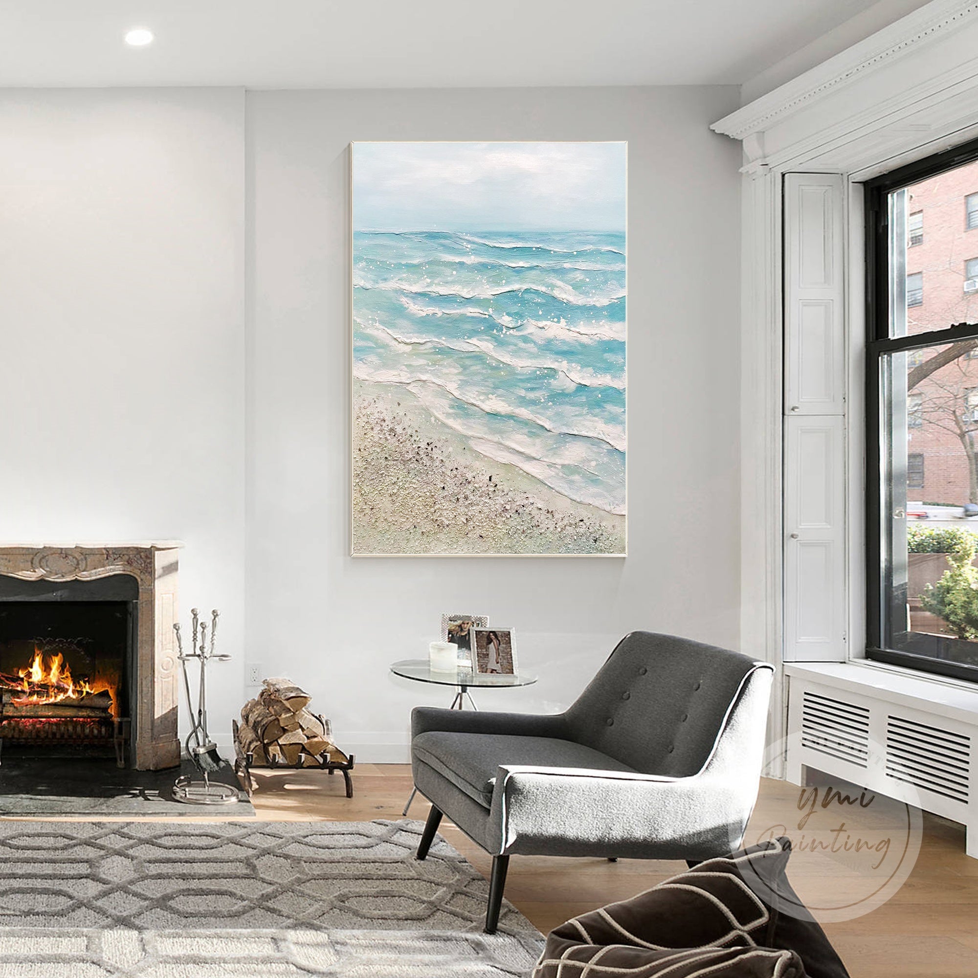 Tranquil seaside painting with sparkling waves for luxury living room.