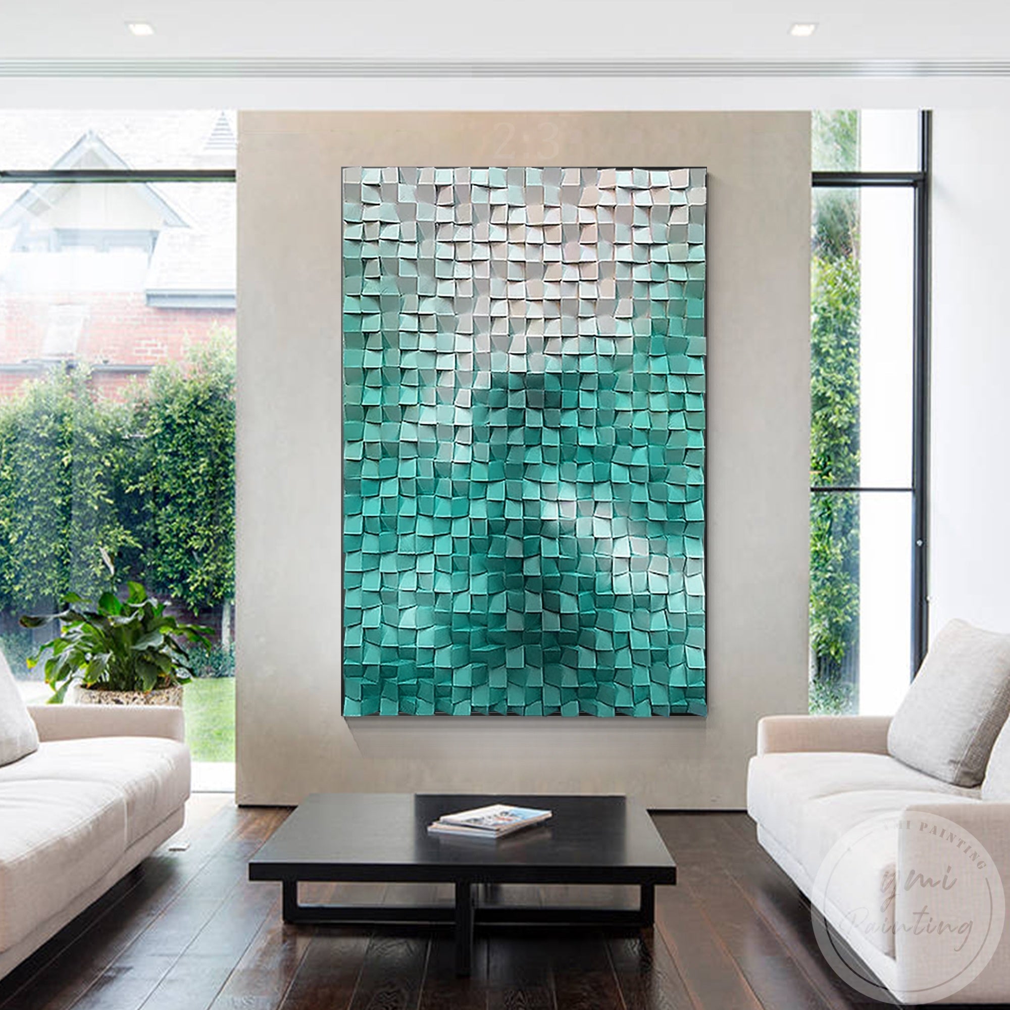 This stunning artwork showcases a three-dimensional effect with teal and gray squares, creating a dynamic and stylish focal point for modern interiors.