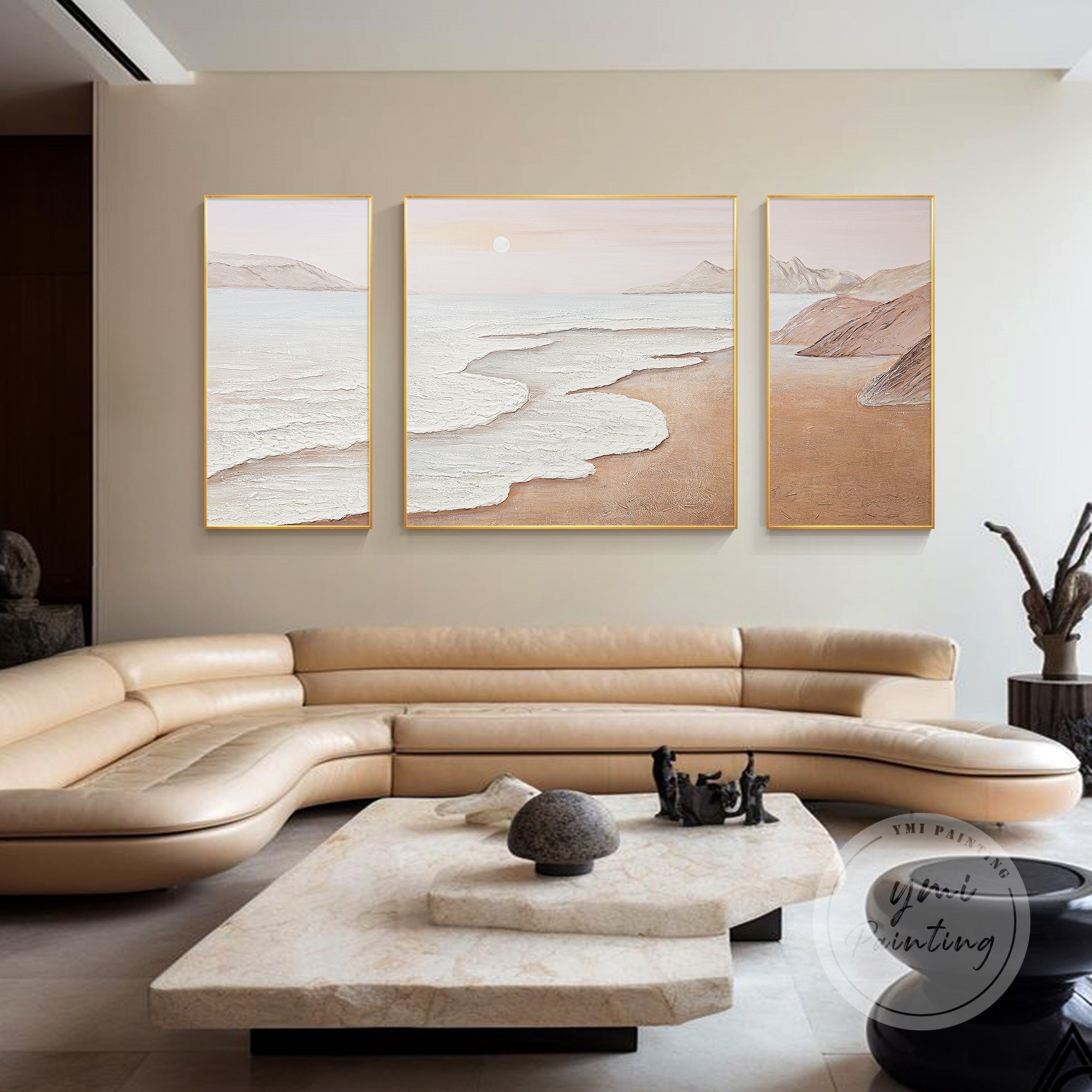 This stunning three-panel beach painting with soft pastel hues brings tranquility and coastal charm to your modern living room.