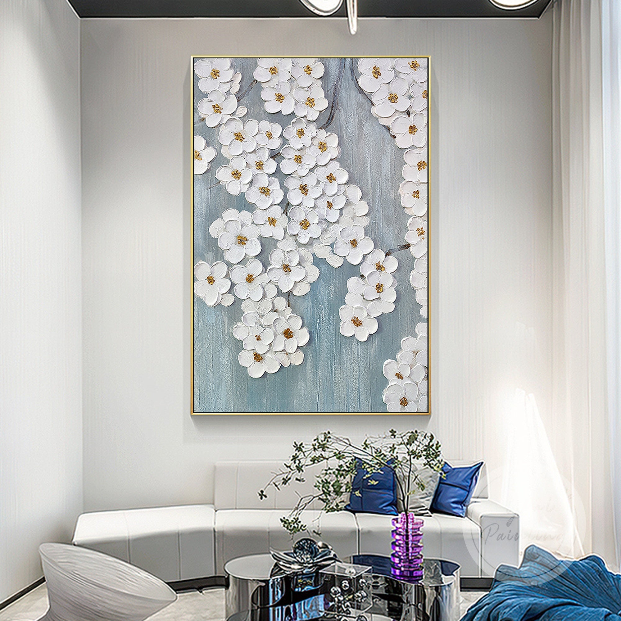 Enhance your home with this timeless flower blossom art, featuring soft white flowers and gold highlights, perfect for adding a refined touch to contemporary decor.