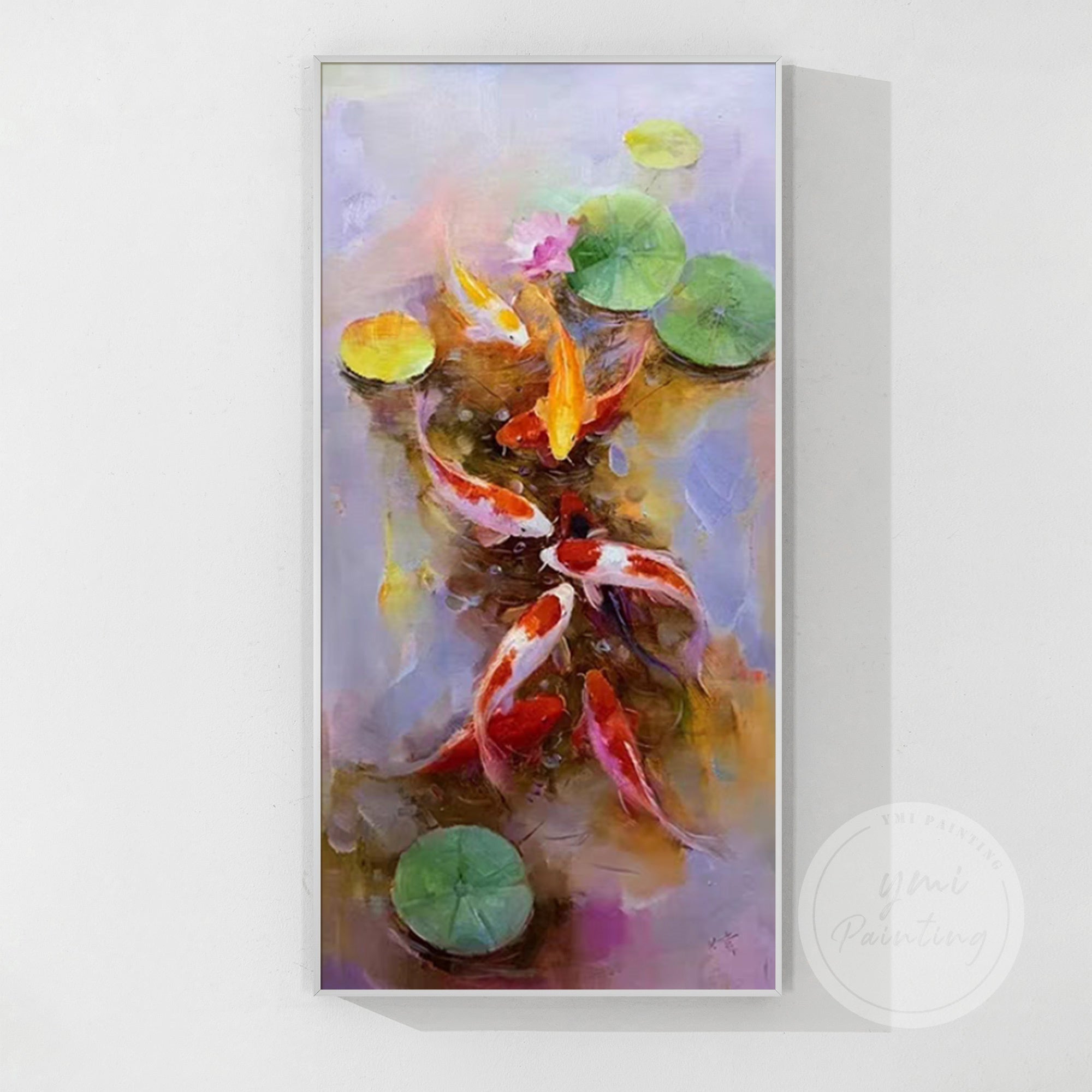 Vibrant abstract oil painting of koi fish and lotus flowers
