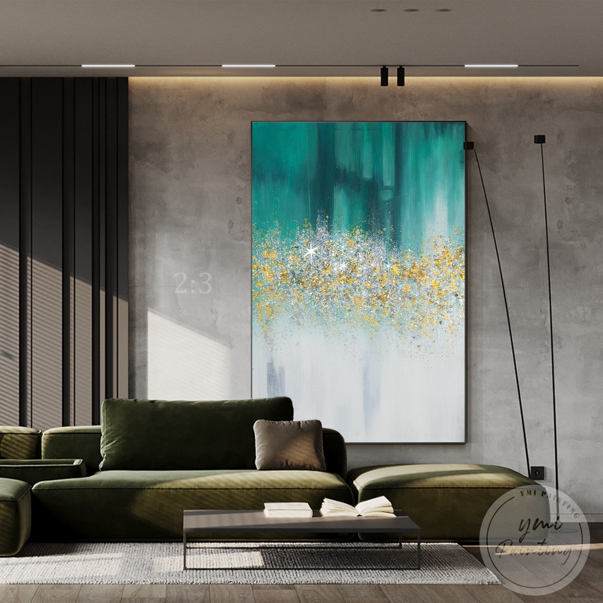 teal and white artwork with golden glitter and crushed glass