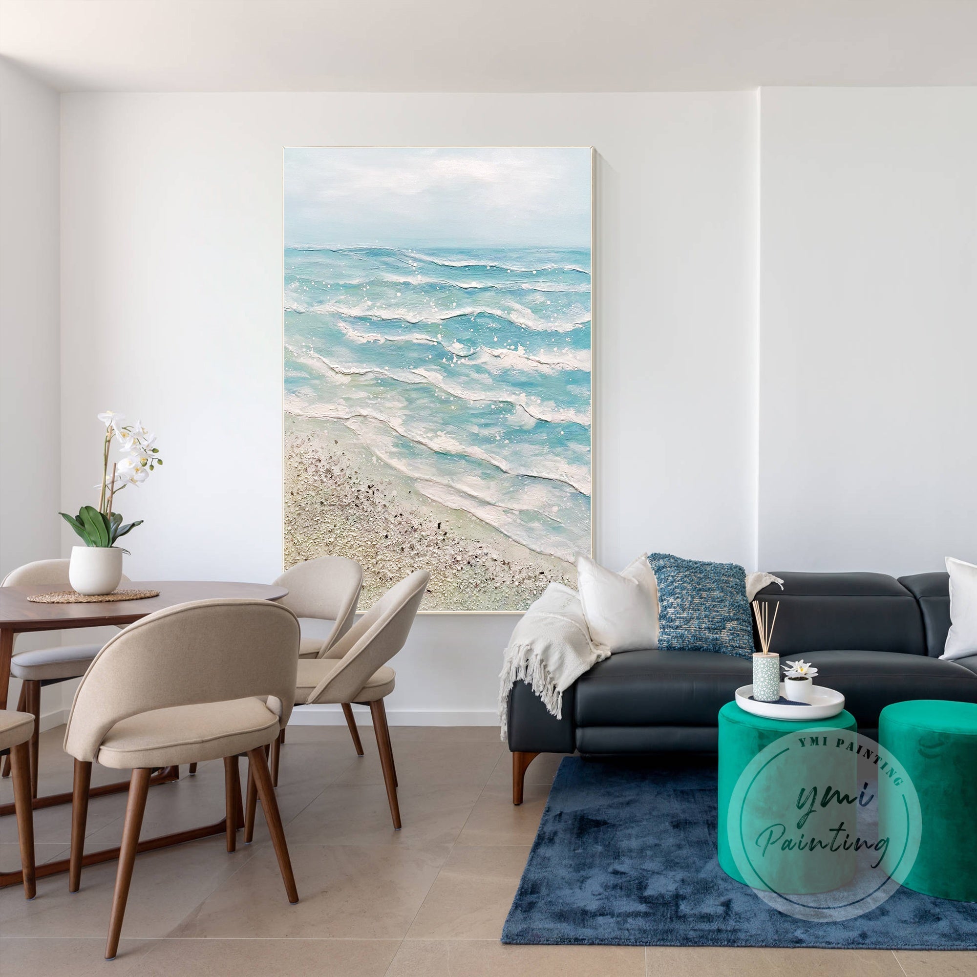 Elegant ocean waves and beach abstract art with blue and white tones.