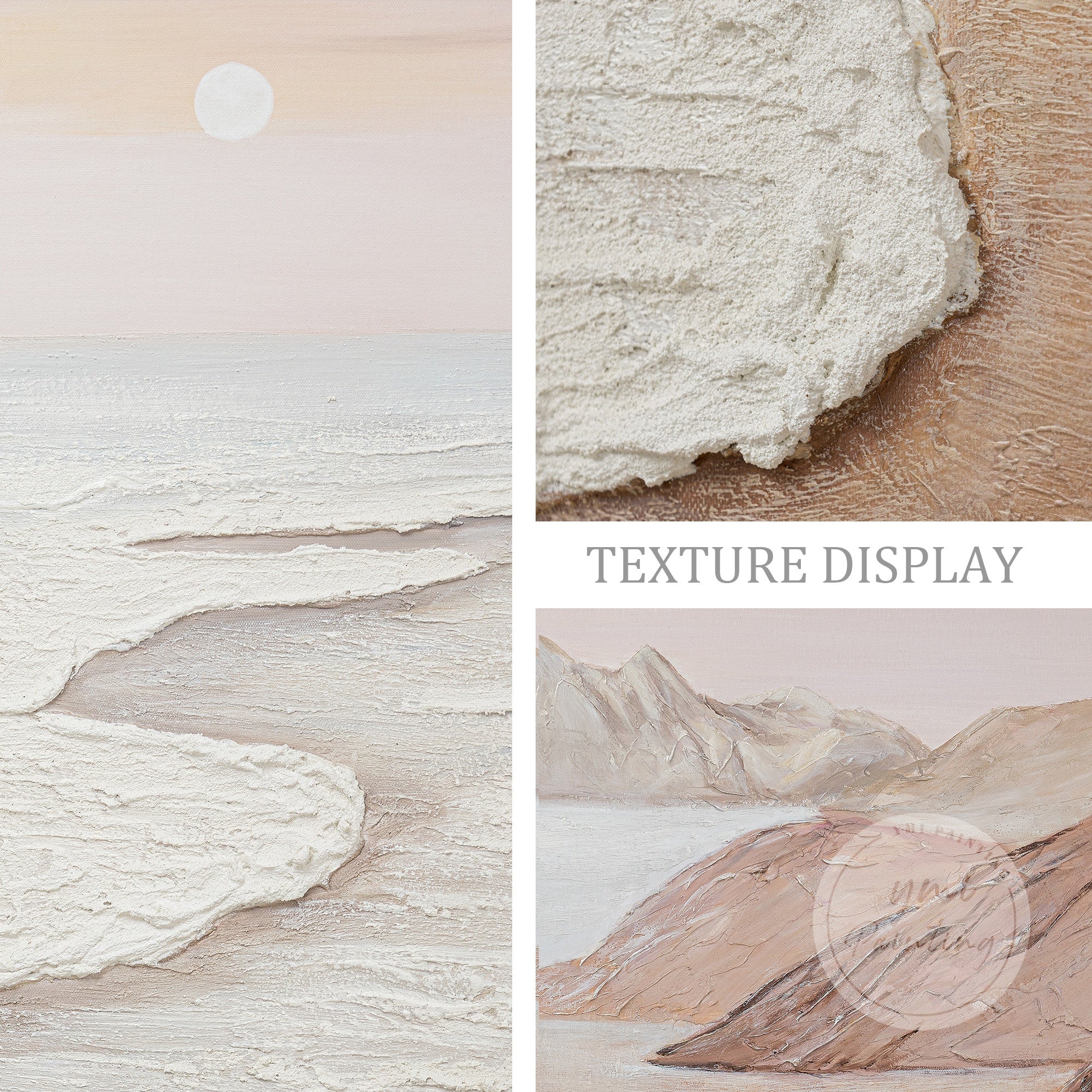 This three-panel beach painting captures the calmness of gentle waves and a pink sunset, perfect for a warm, serene living room.