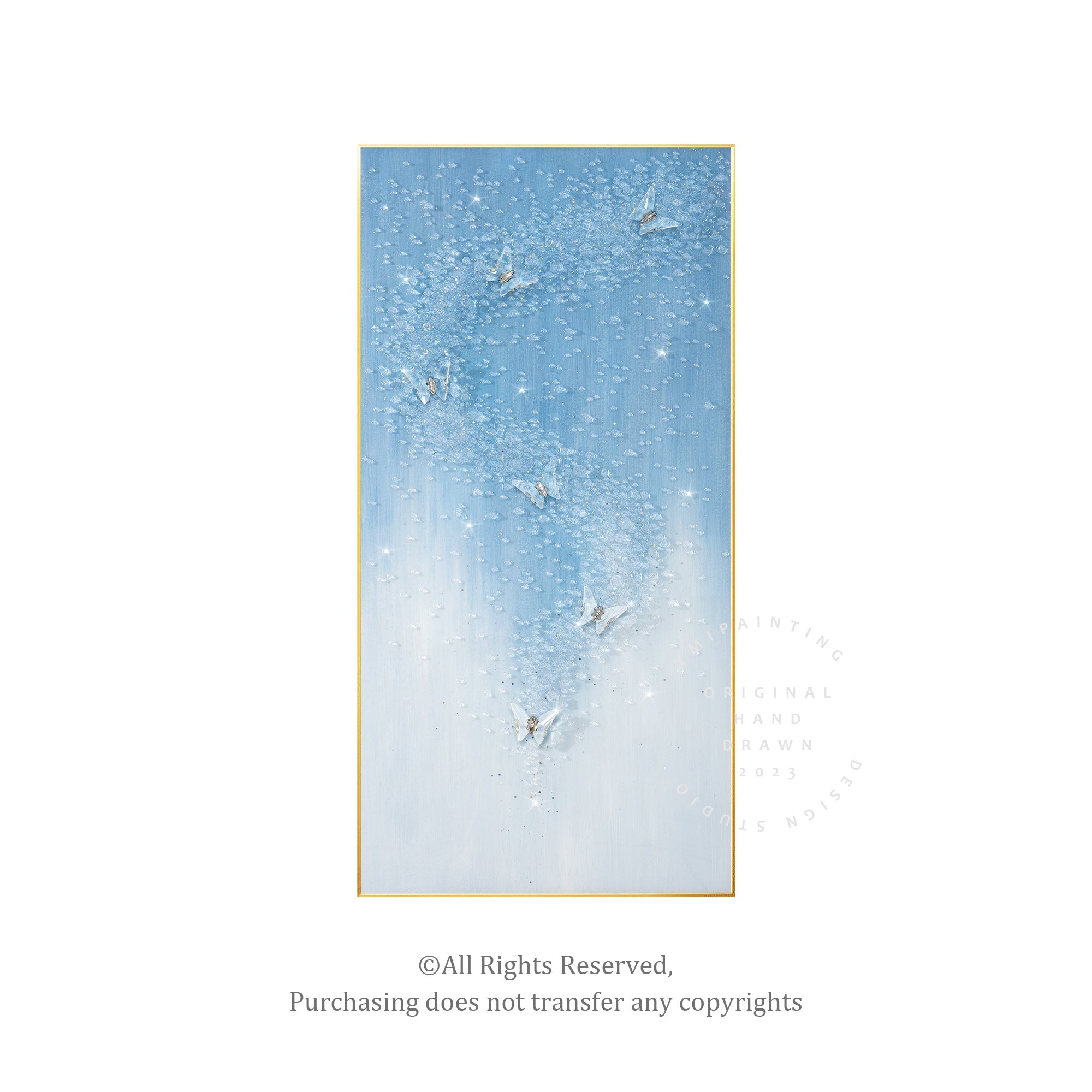 Contemporary resin painting with a standalone transparent 3D butterfly.