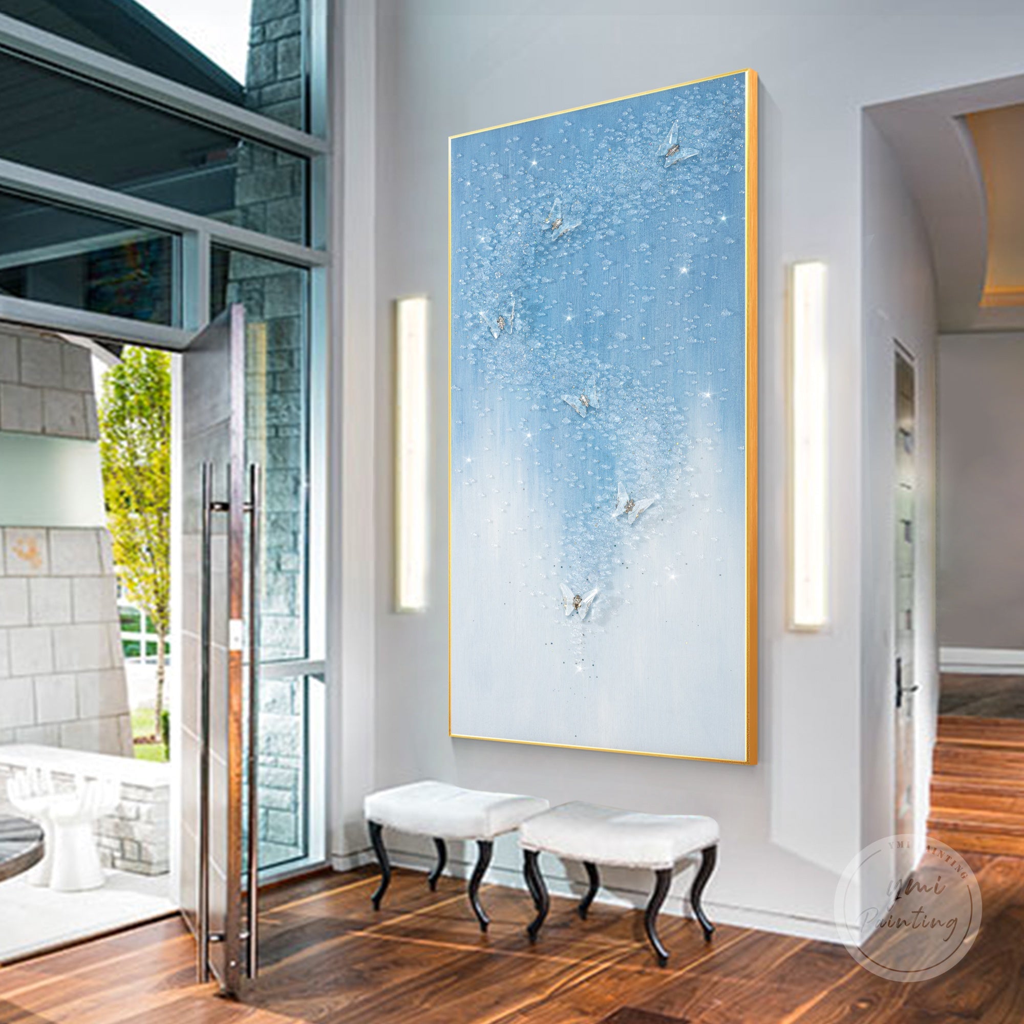 3D butterfly artwork featuring a clear sculptural butterfly on a resin-coated canvas.