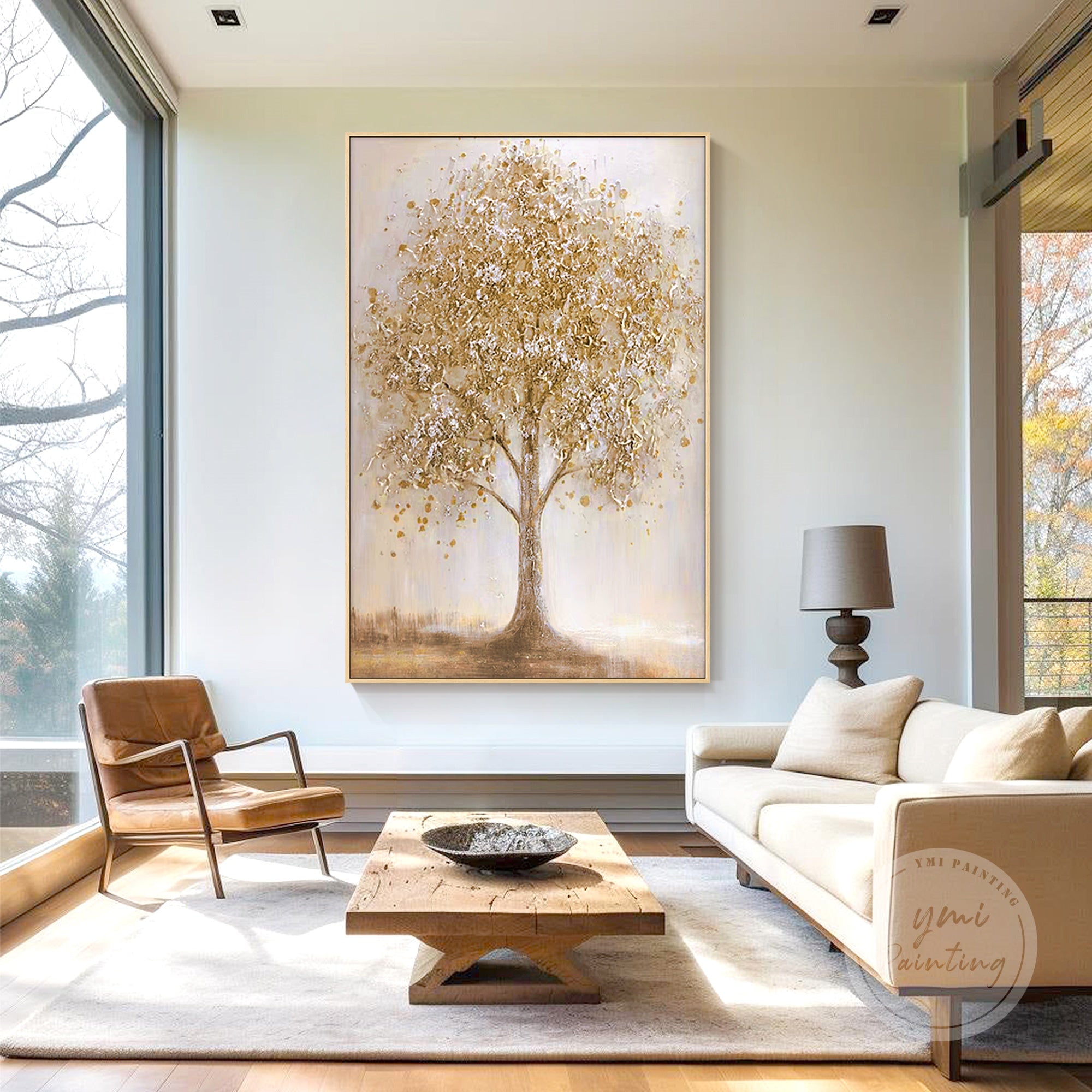 Large textured tree wall art in warm earth tones with a flowing stream.