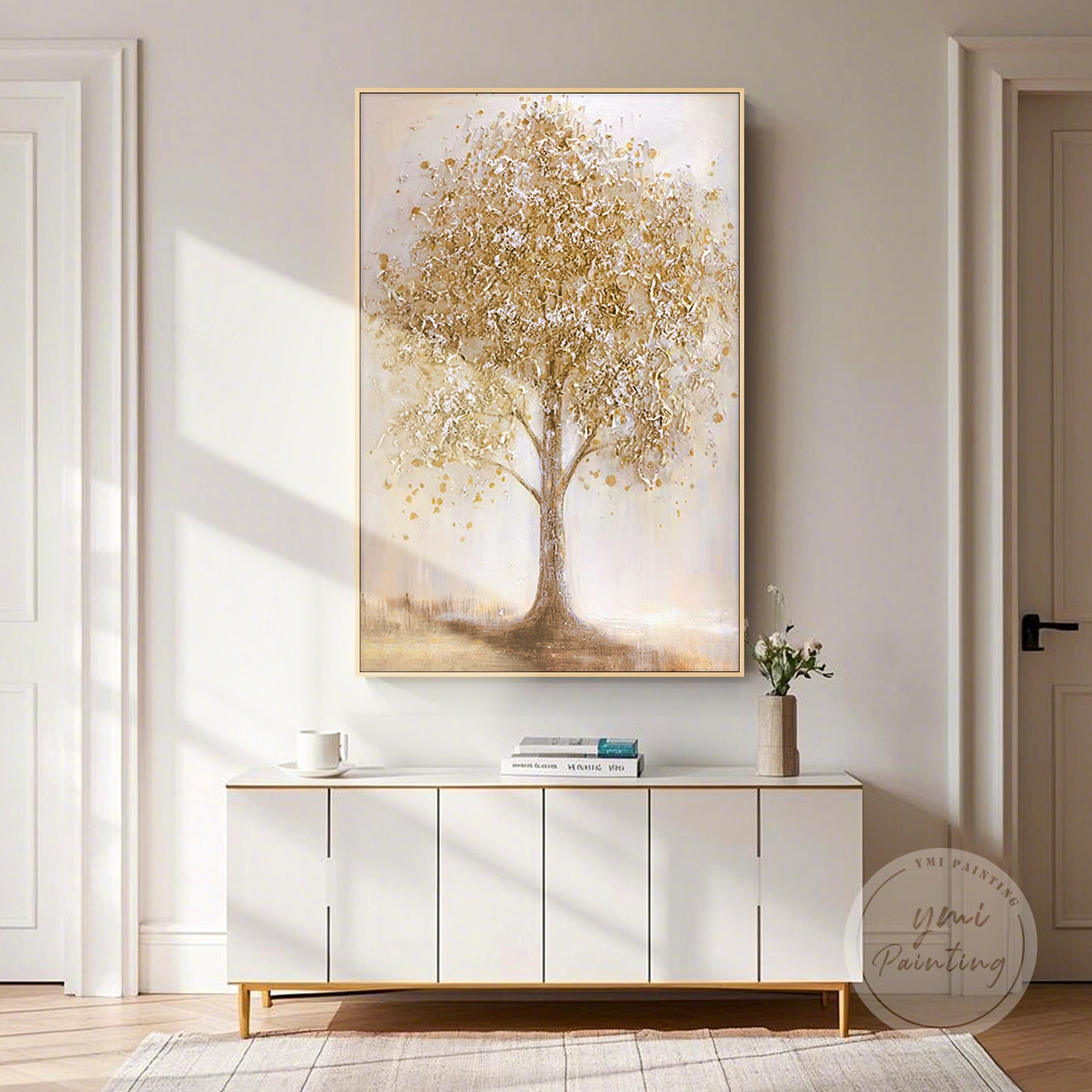 Caramel and neutral-toned nature painting featuring elegant trees.