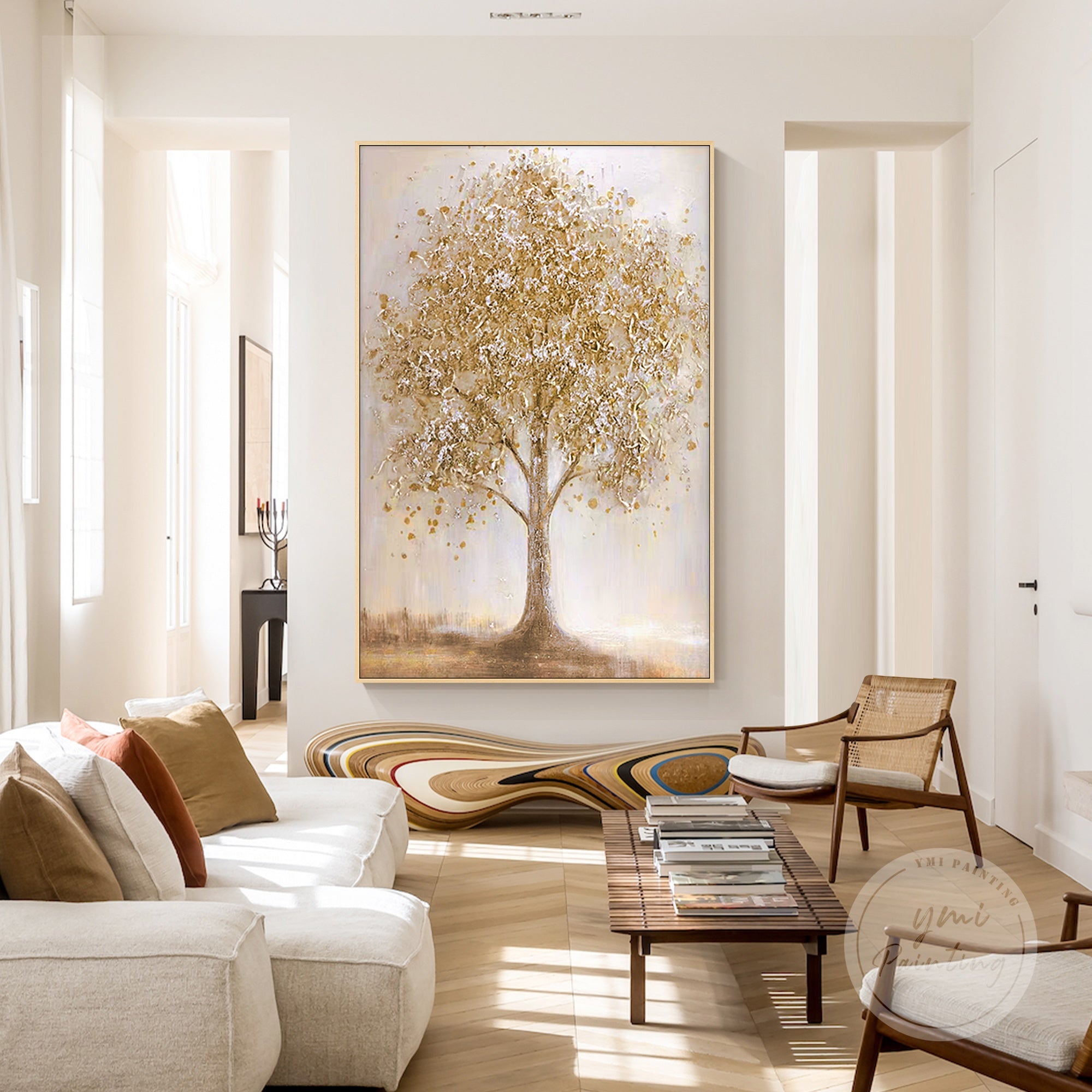 Earthy landscape canvas with a tree line and riverbank in caramel hues.