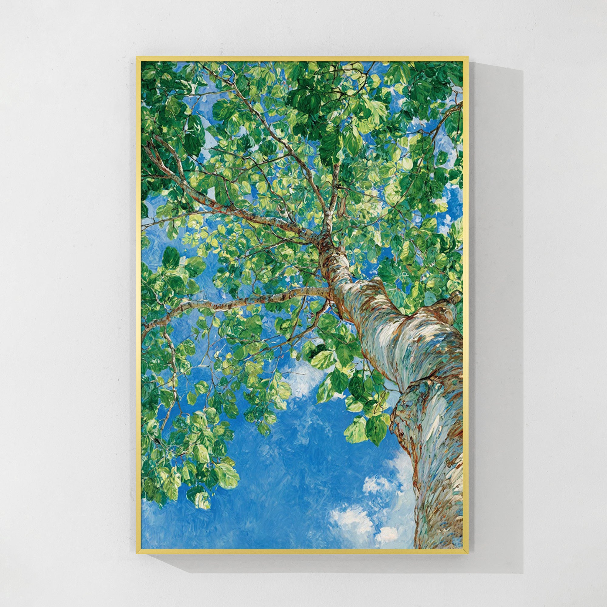 Hand-painted vertical tree oil painting with thick trunk and lush green leaves