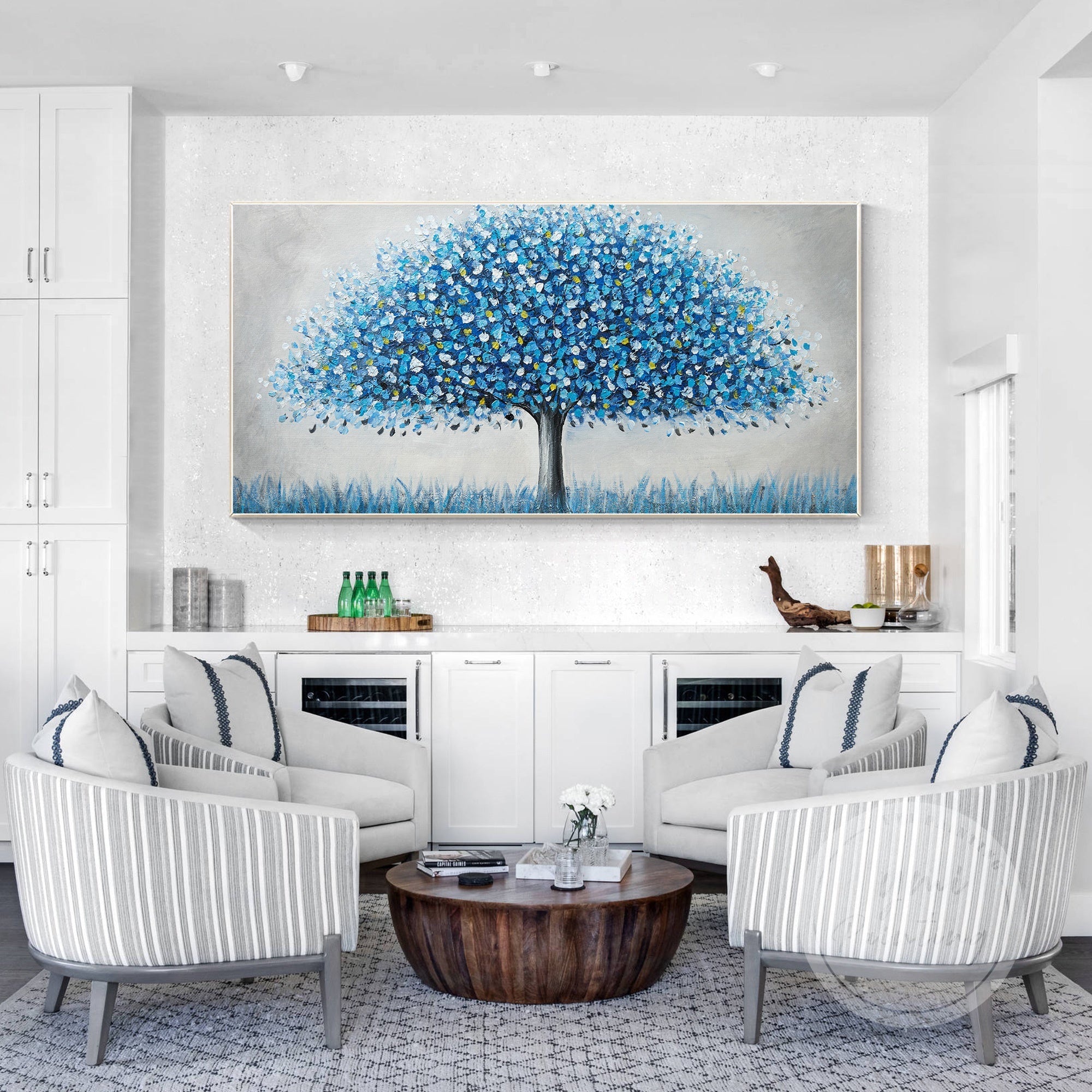 "Modern blue tree oil painting with vibrant leaves and textured brushstrokes"