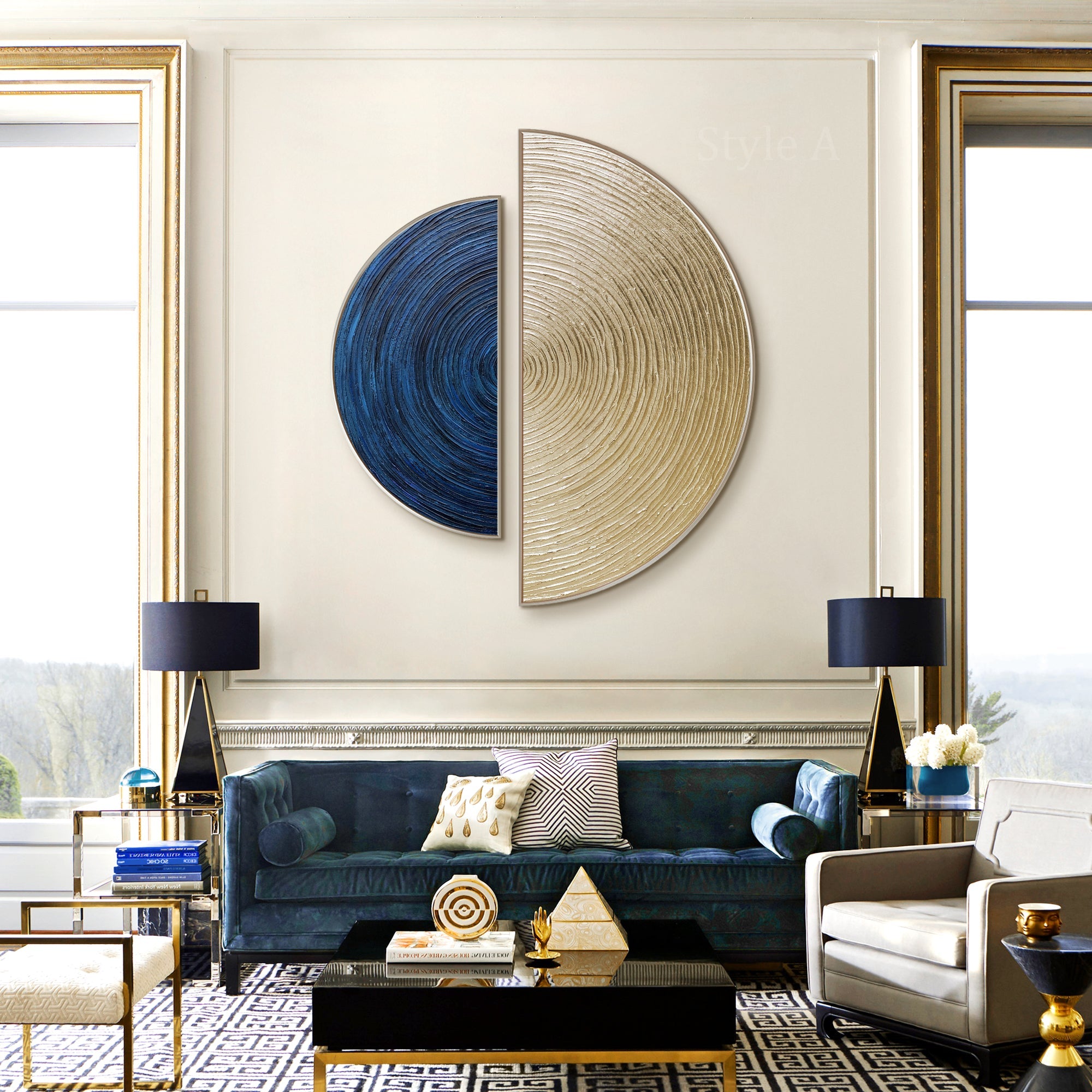 Blue semicircle abstract painting with layered ring texture