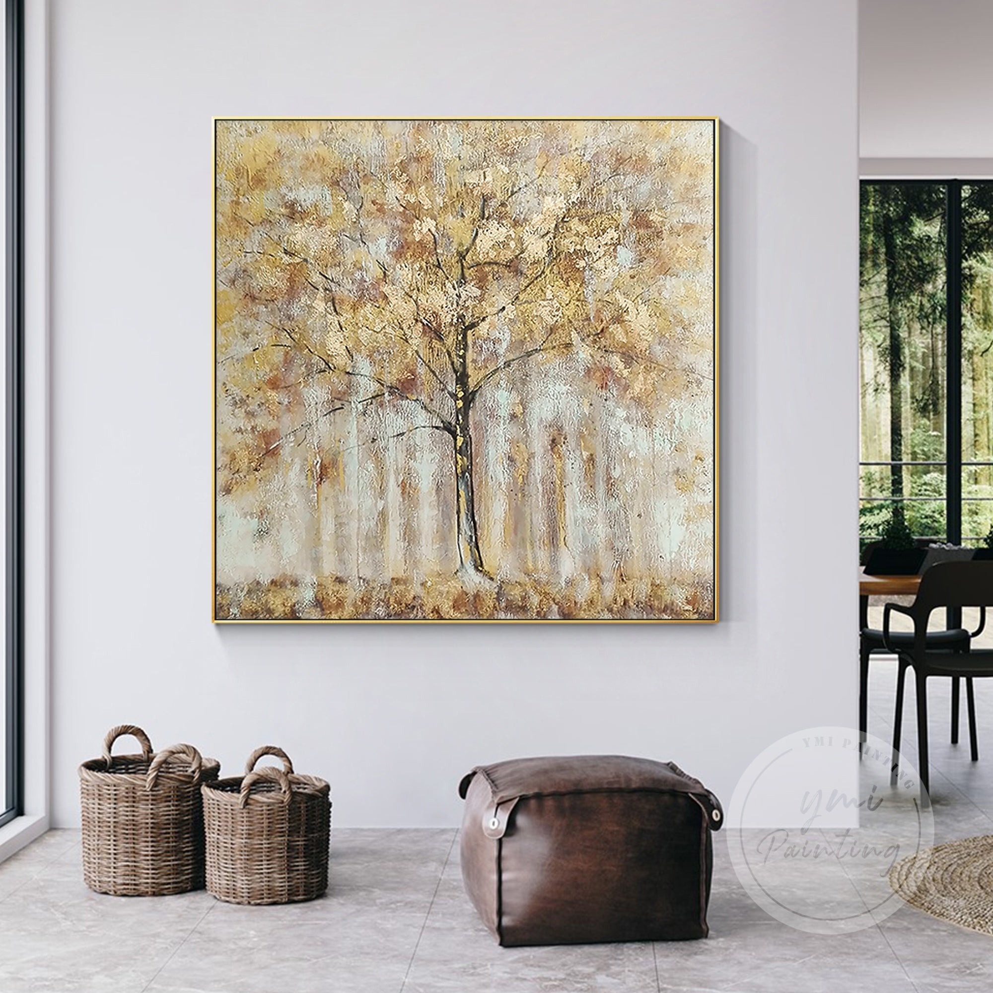 Abstract Golden Tree Painting with falling leaves, featuring warm metallic tones and textured acrylic details for a modern aesthetic.