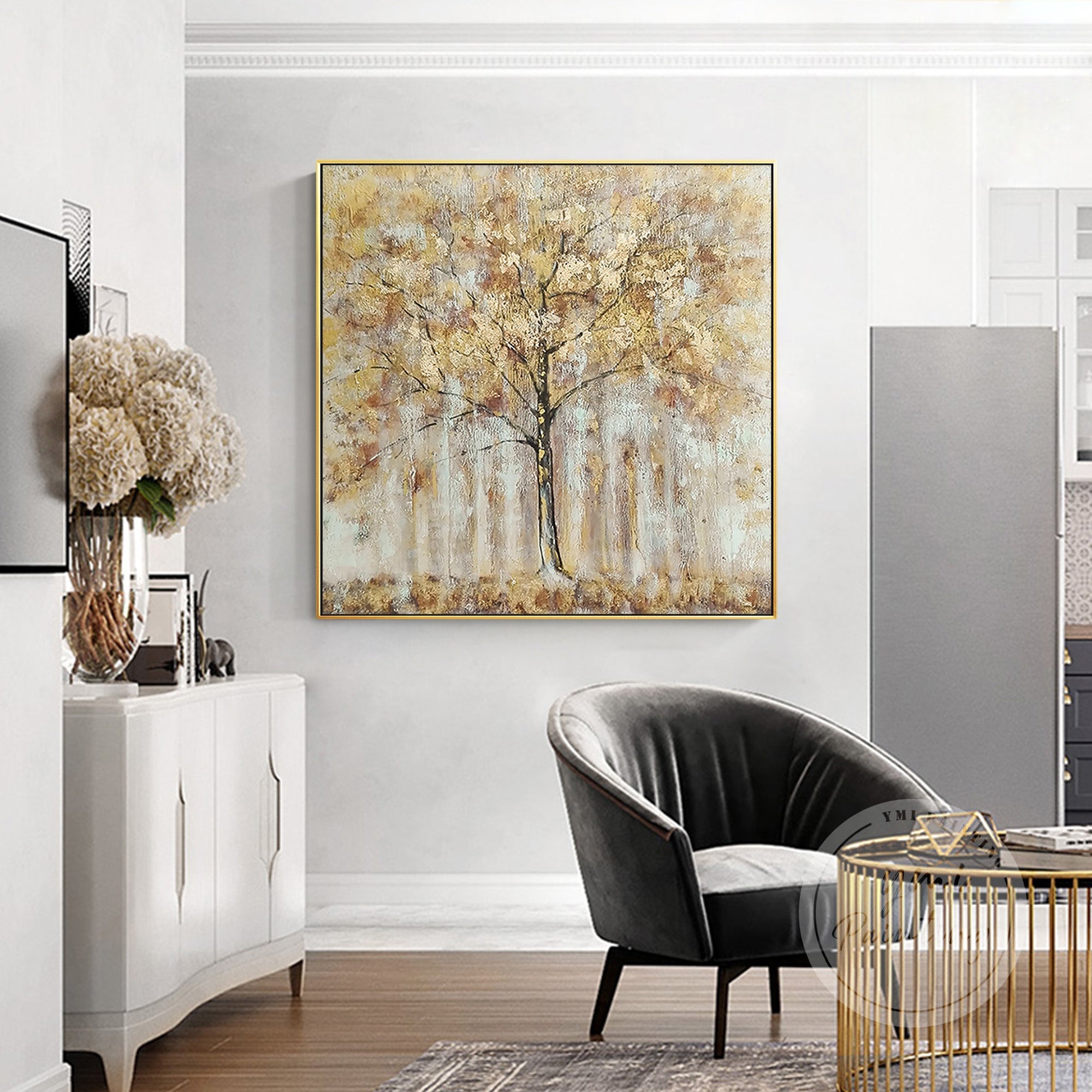 Hand-Painted Oil Tree Artwork with heavy textures and gold leaf accents, perfect for luxury home decor.